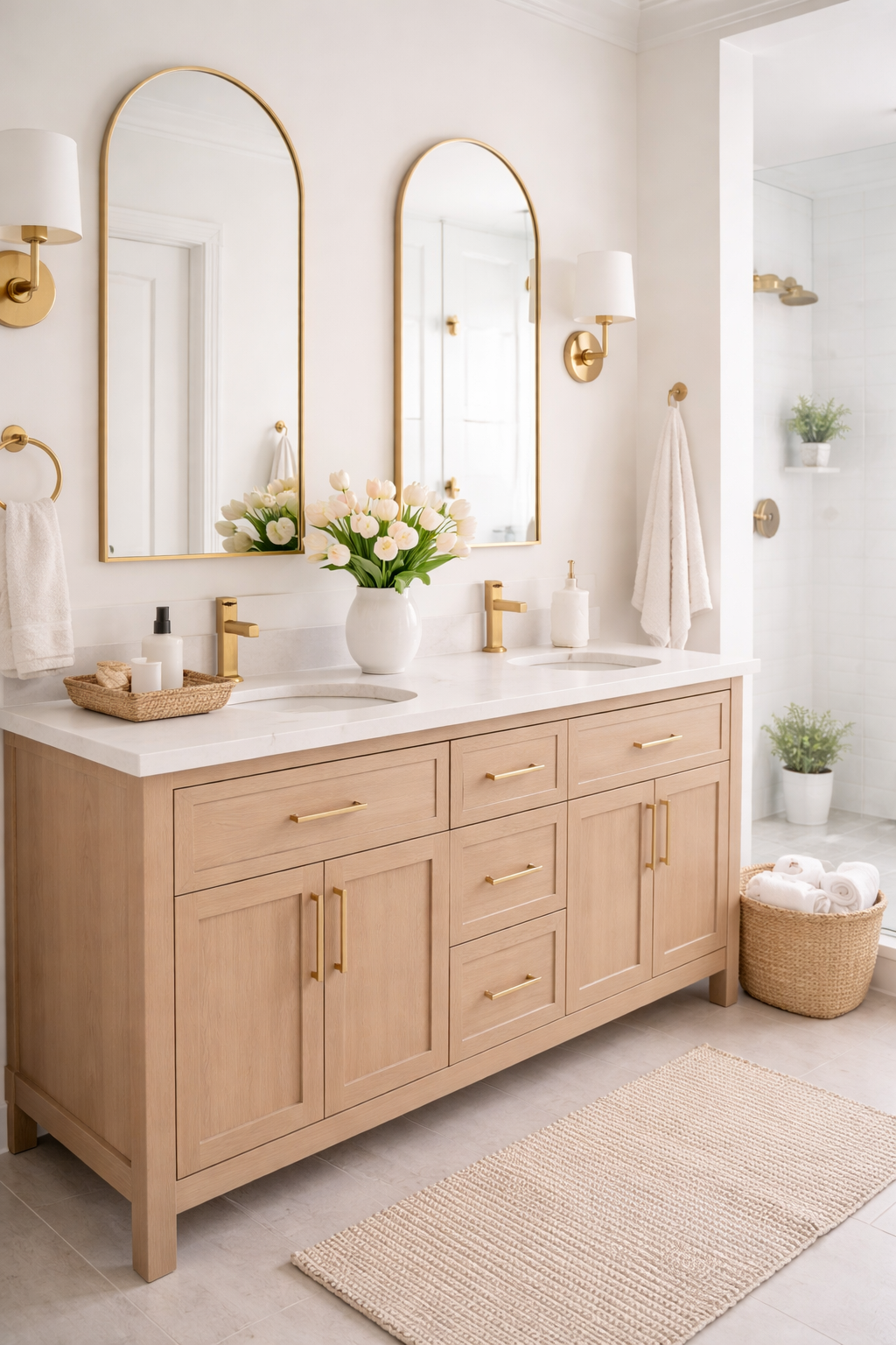 Bright minimalist spring living room with neutral decor, light wood accents, sheer curtains, subtle greenery, and clean surfaces. Simple spring home decor ideas using soft beige, white, and sage tones for a fresh seasonal refresh.