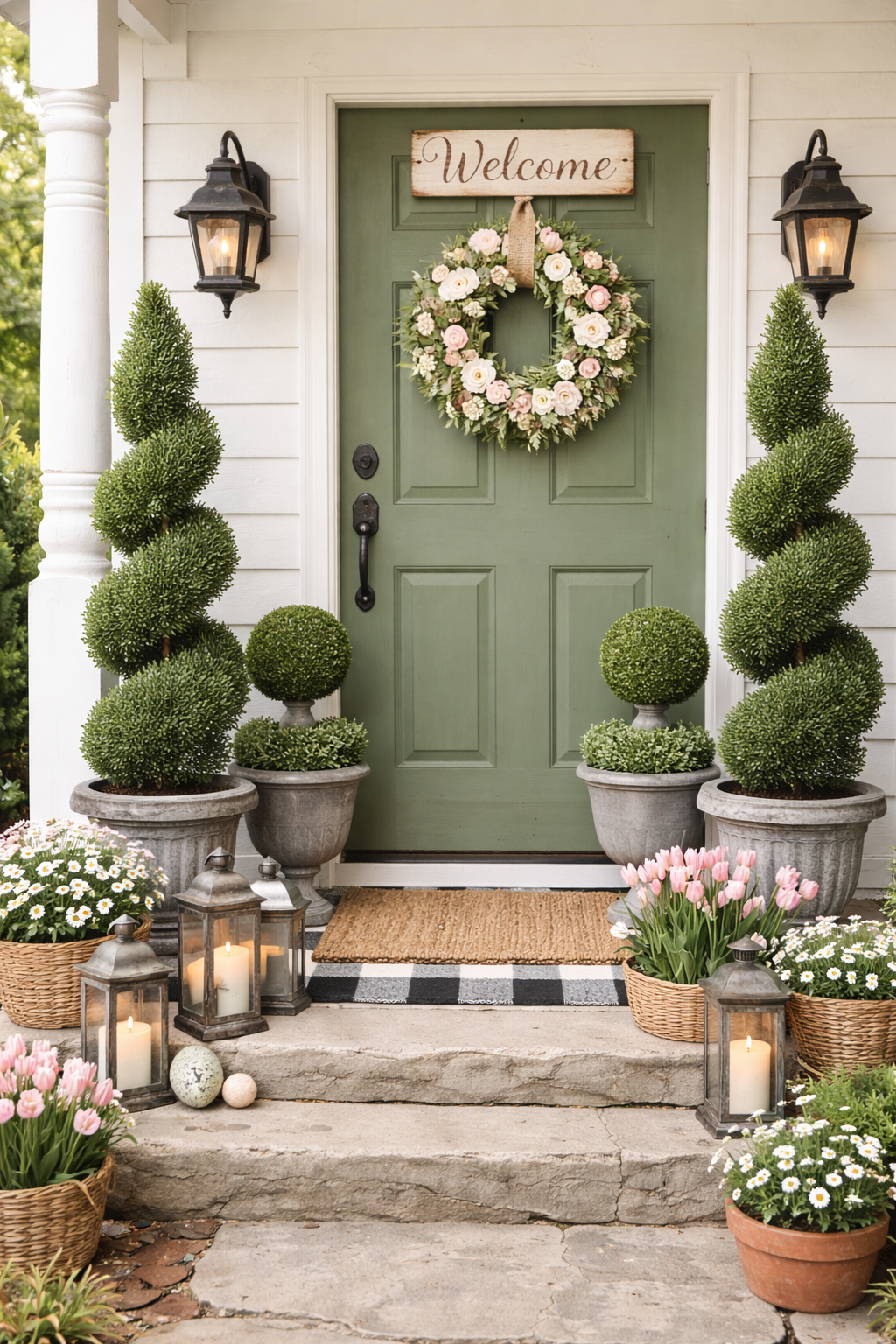 Refresh your entry with these spring front porch ideas featuring fresh flower planters, hanging baskets, porch seating, outdoor rugs, spring wreaths, and easy decorating tips to create a bright and welcoming front porch.