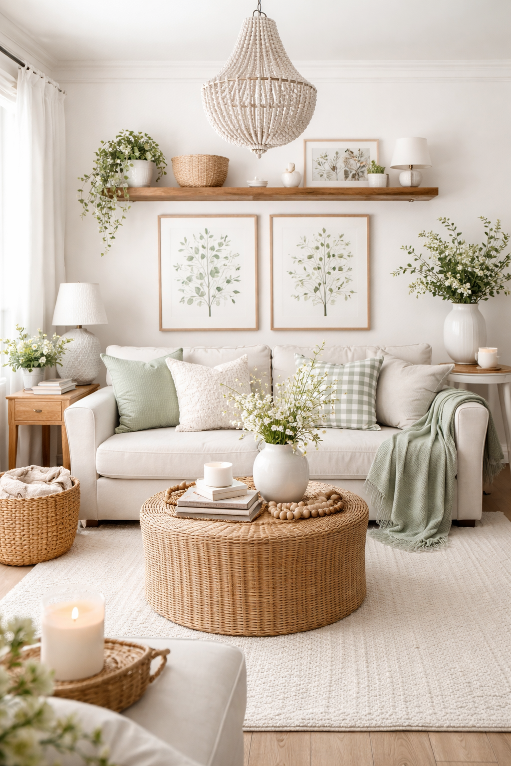 Minimalist spring home decor inspiration with a clean coffee table, woven basket storage, light linen throw blanket, ceramic vase with fresh greenery, and soft natural light. Neutral spring decor ideas for a calm and airy home.