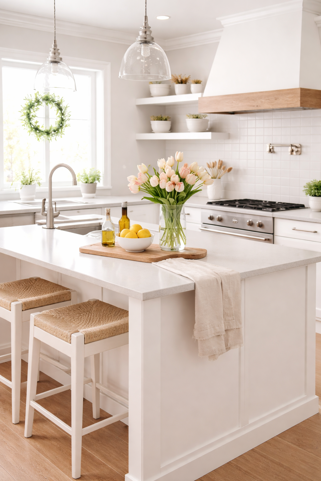 Bright minimalist spring living room with neutral decor, light wood accents, sheer curtains, subtle greenery, and clean surfaces. Simple spring home decor ideas using soft beige, white, and sage tones for a fresh seasonal refresh.