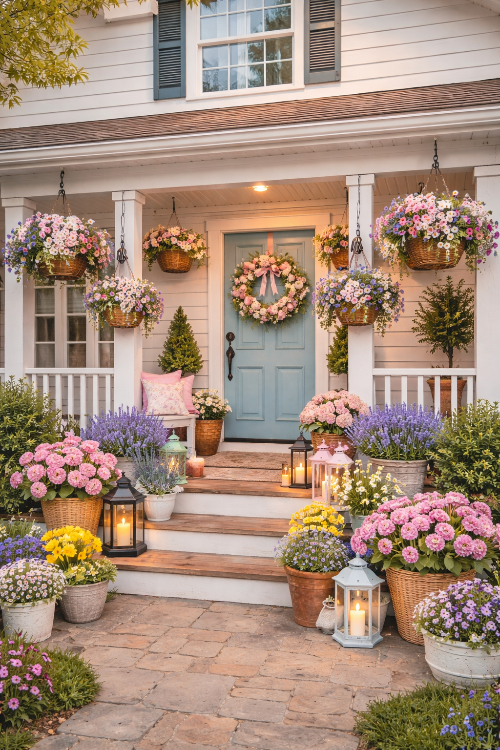 Refresh your entry with these spring front porch ideas featuring fresh flower planters, hanging baskets, porch seating, outdoor rugs, spring wreaths, and easy decorating tips to create a bright and welcoming front porch.