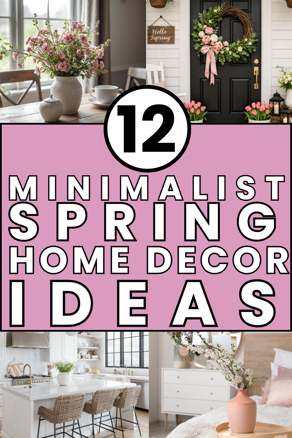 Bright minimalist spring living room with neutral decor, light wood accents, sheer curtains, subtle greenery, and clean surfaces. Simple spring home decor ideas using soft beige, white, and sage tones for a fresh seasonal refresh.