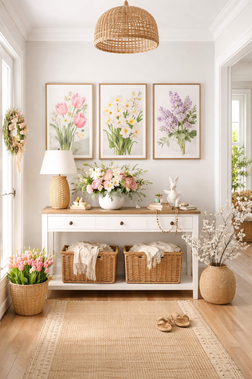 Minimalist spring home decor inspiration with a clean coffee table, woven basket storage, light linen throw blanket, ceramic vase with fresh greenery, and soft natural light. Neutral spring decor ideas for a calm and airy home.
