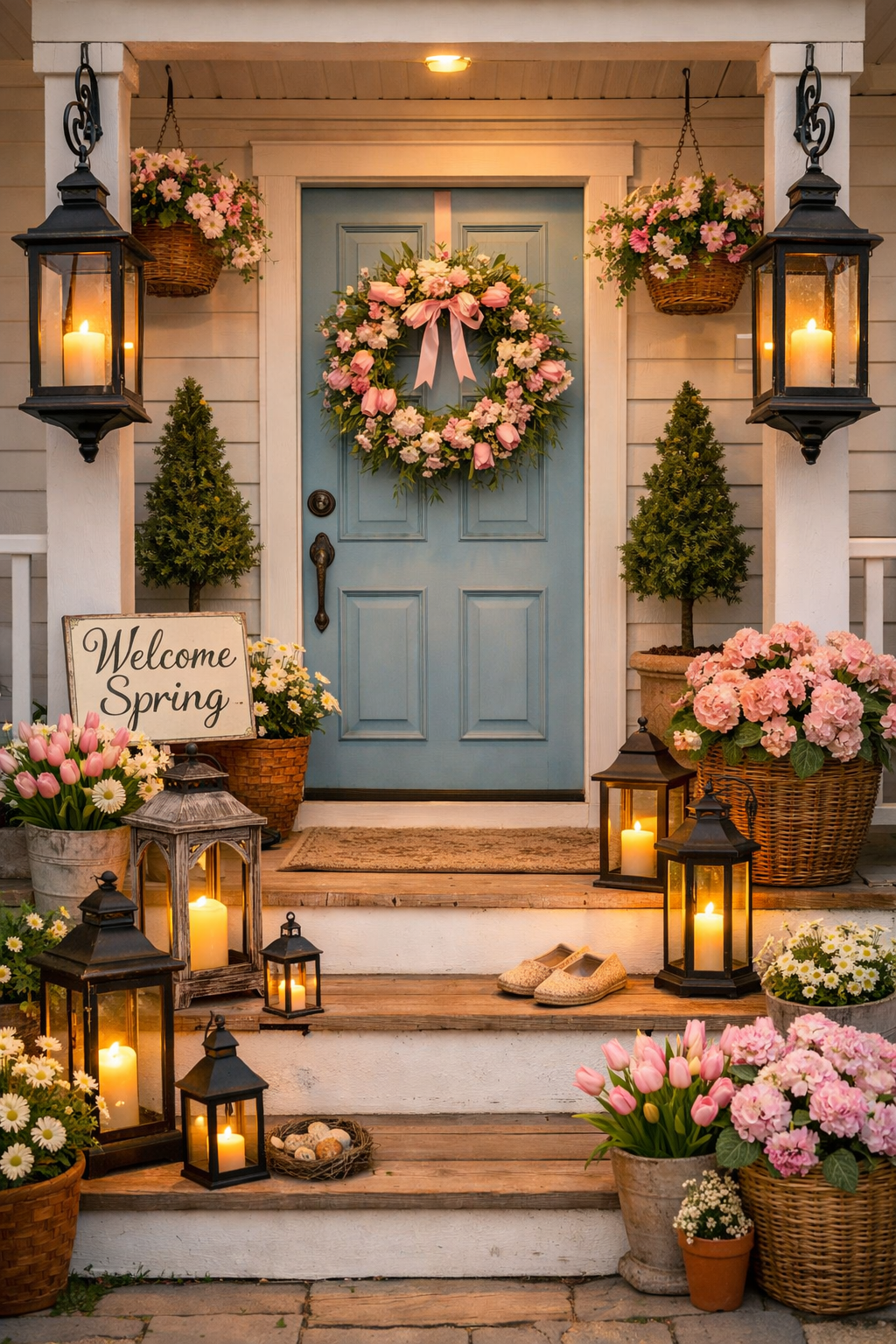 Create a beautiful spring front porch with these 21 easy decorating ideas. Discover layered rugs, lantern lighting, pastel decor, greenery garlands, painted front doors, and simple porch styling tips to make your home feel fresh and inviting.