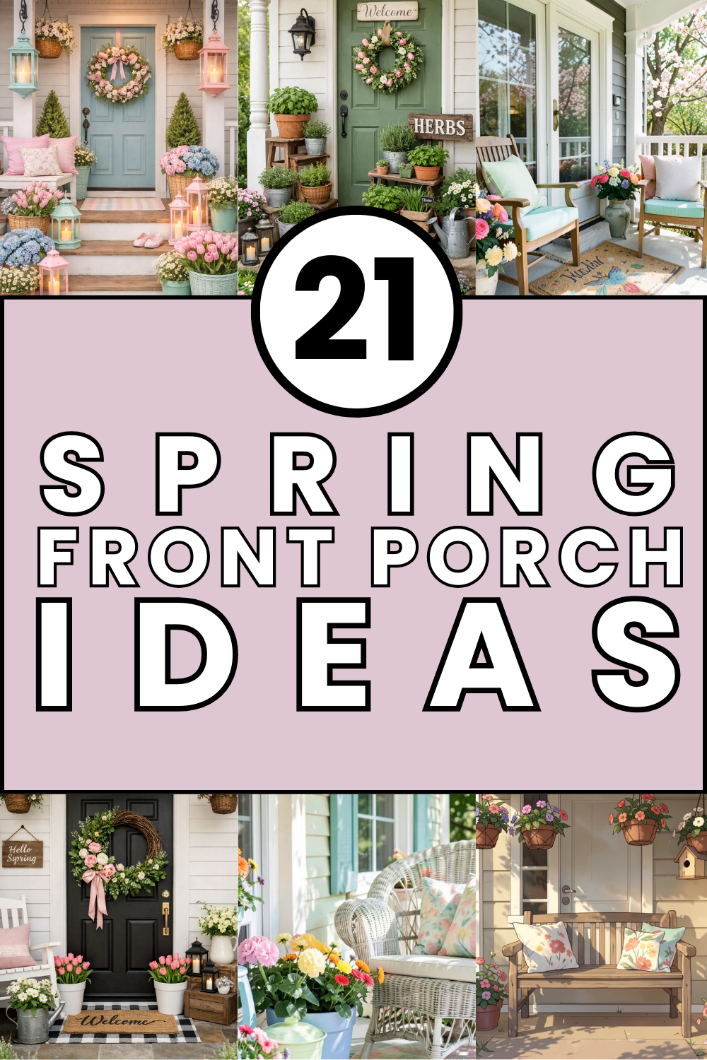 Create a beautiful spring front porch with these 21 easy decorating ideas. Discover layered rugs, lantern lighting, pastel decor, greenery garlands, painted front doors, and simple porch styling tips to make your home feel fresh and inviting.
