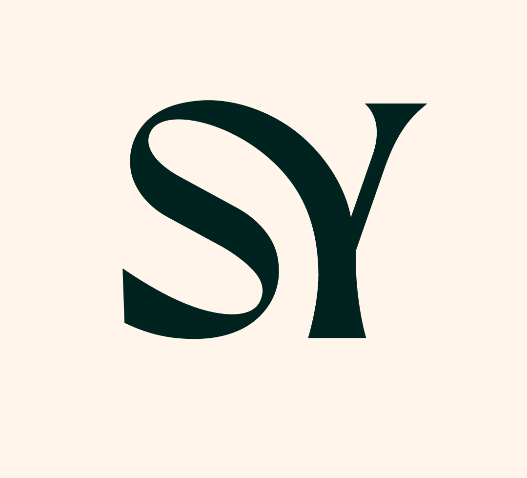 Stylized dark green ‘S’ and ‘Y’ monogram logo for Sustainably Yours on a light beige background.