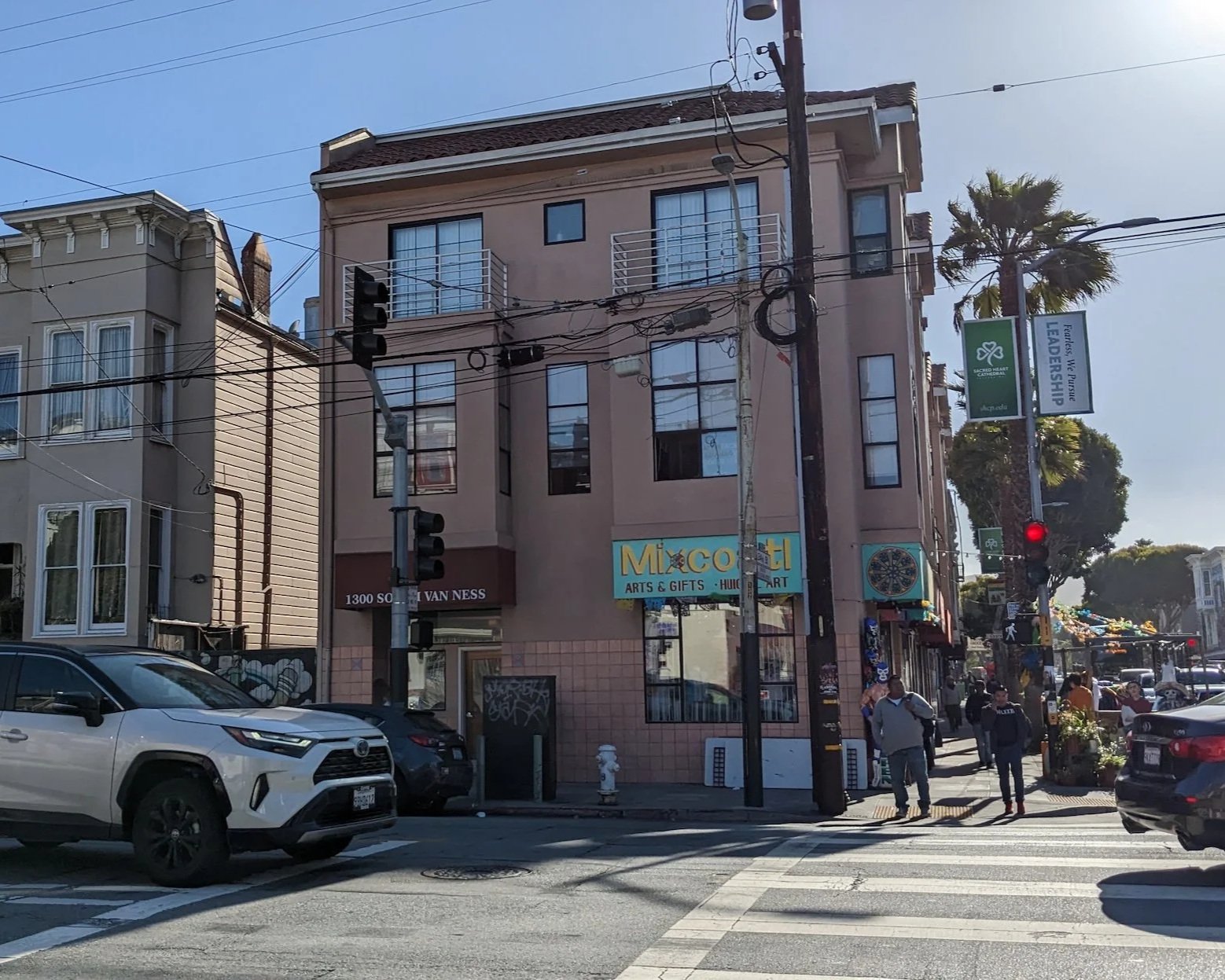 Corner building at 1300 South Van Ness Avenue in San Francisco’s Mission District, home to Pact Studio on the second floor.