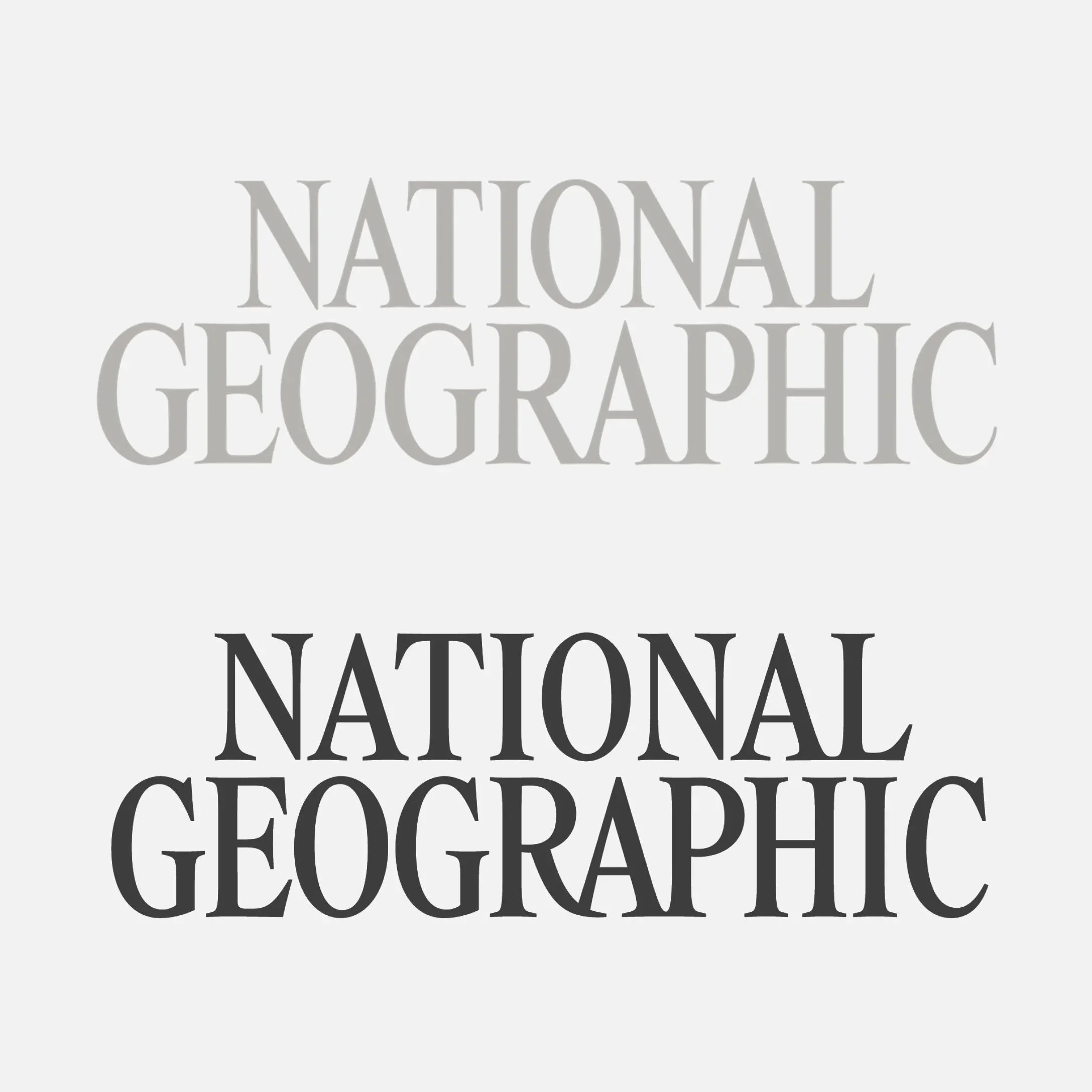 Side-by-side comparison of the National Geographic logotype: the lighter, older version on top and the updated, darker version below, redesigned by Tal Leming to appear more confident while maintaining historical character.