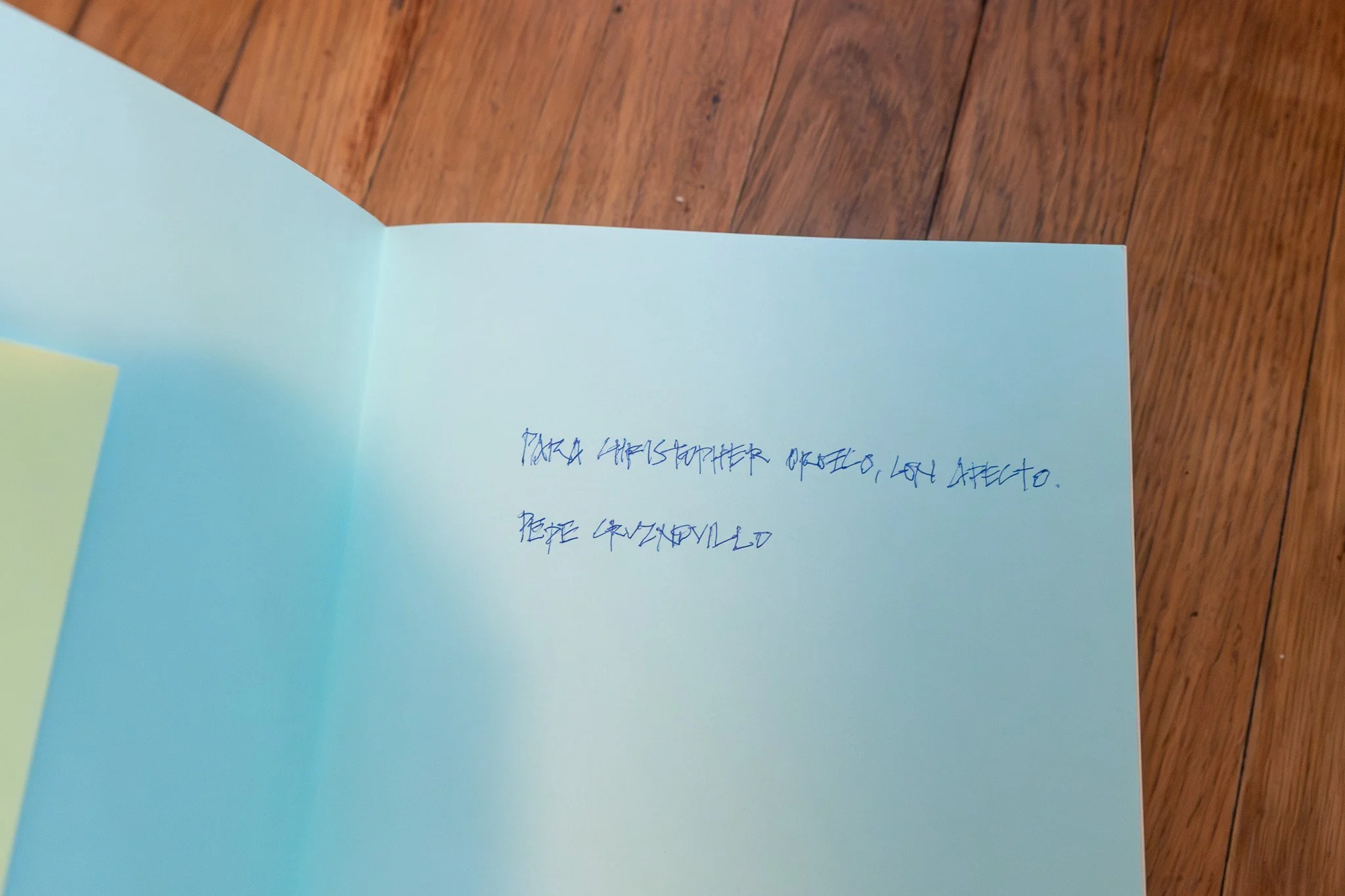 Inside page of a copy of Cruz Novillo: Logos featuring a handwritten inscription and signature by José María Cruz Novillo in blue ink.