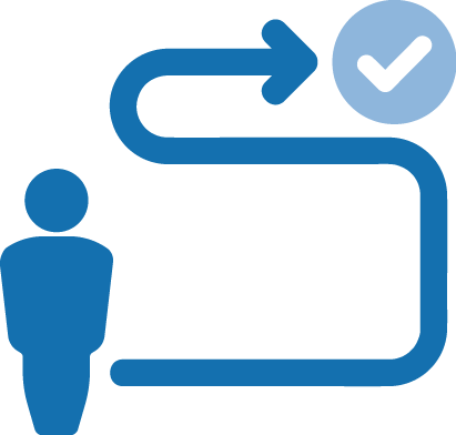 A blue icon depicting a person, an arrow, and a check mark, representing a completed process or approval.