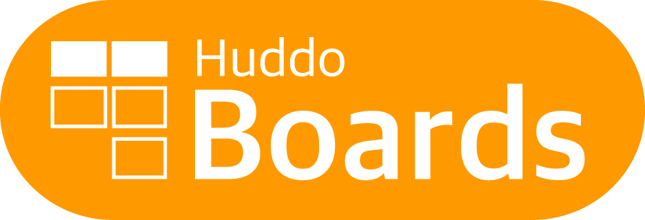 Logo for Huddo Boards with orange background, featuring a grid of four small squares and one larger square, with the text 'Huddo Boards' beside it.
