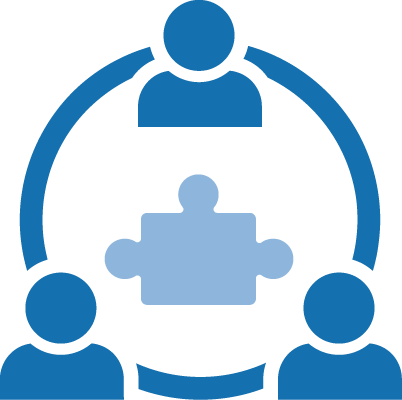 Icon of three people forming a circle around a puzzle piece connected in the center.