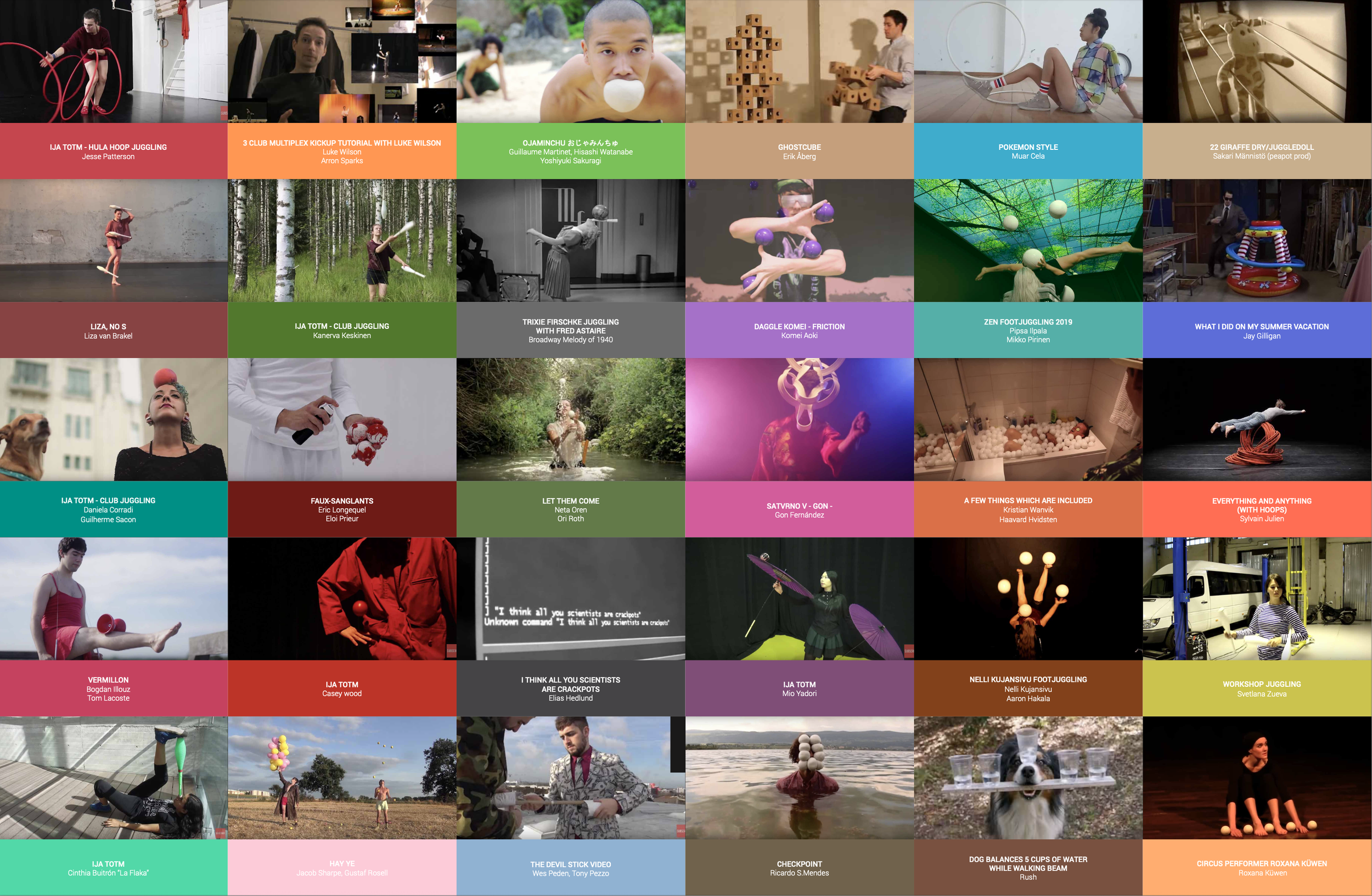 grid of videos screenshots, the titles and authors names