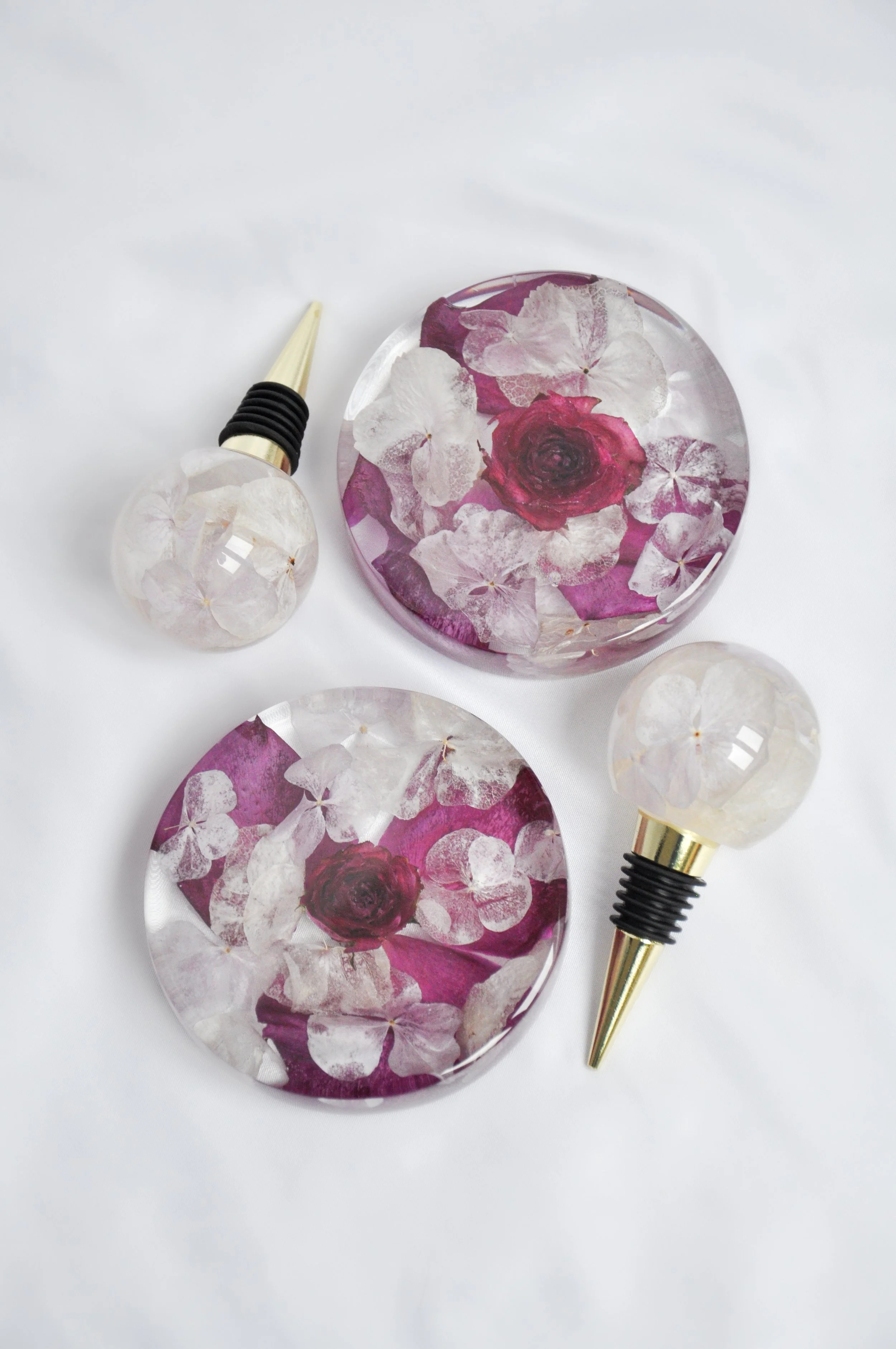 Lucy Did This | Bespoke Art, Hand Made by Lucy Sykes | Preserved wedding flower resin bottle stoppers with coasters