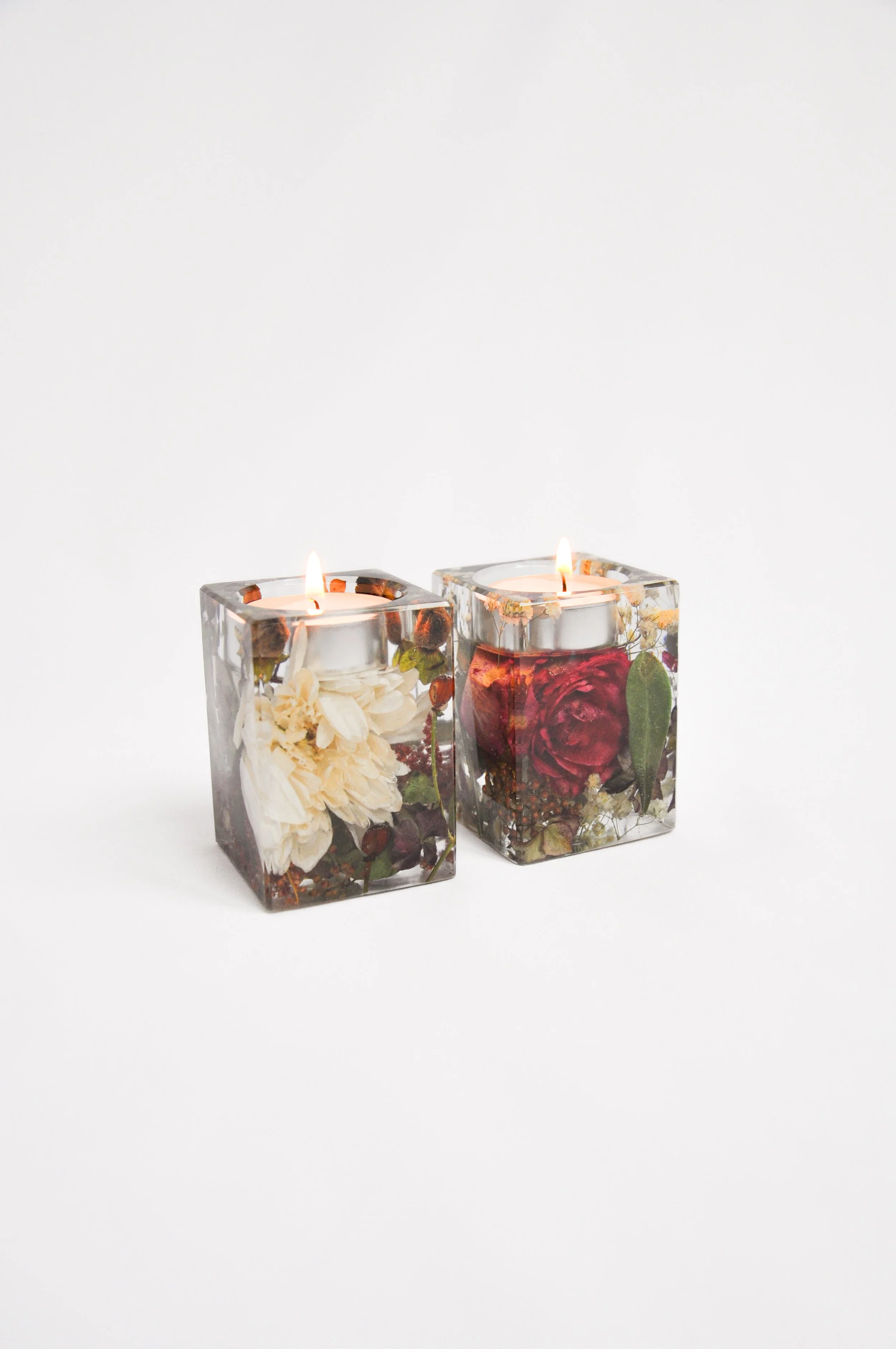 Lucy Did This | Bespoke Art, Hand Made by Lucy Sykes | Two preserved wedding flower resin individual tea light holders