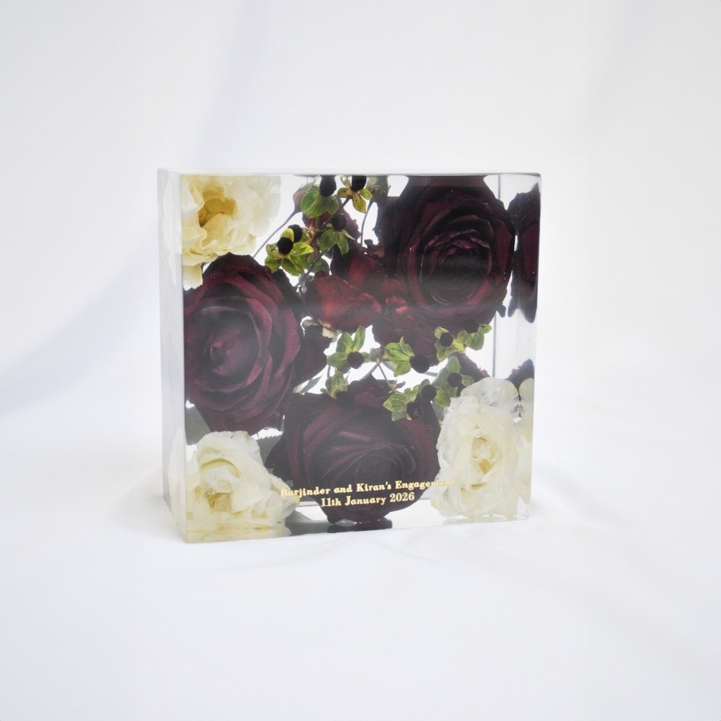 Lucy Did This - Preserved engagement wedding red roses in 15cm square display block with gold lettering