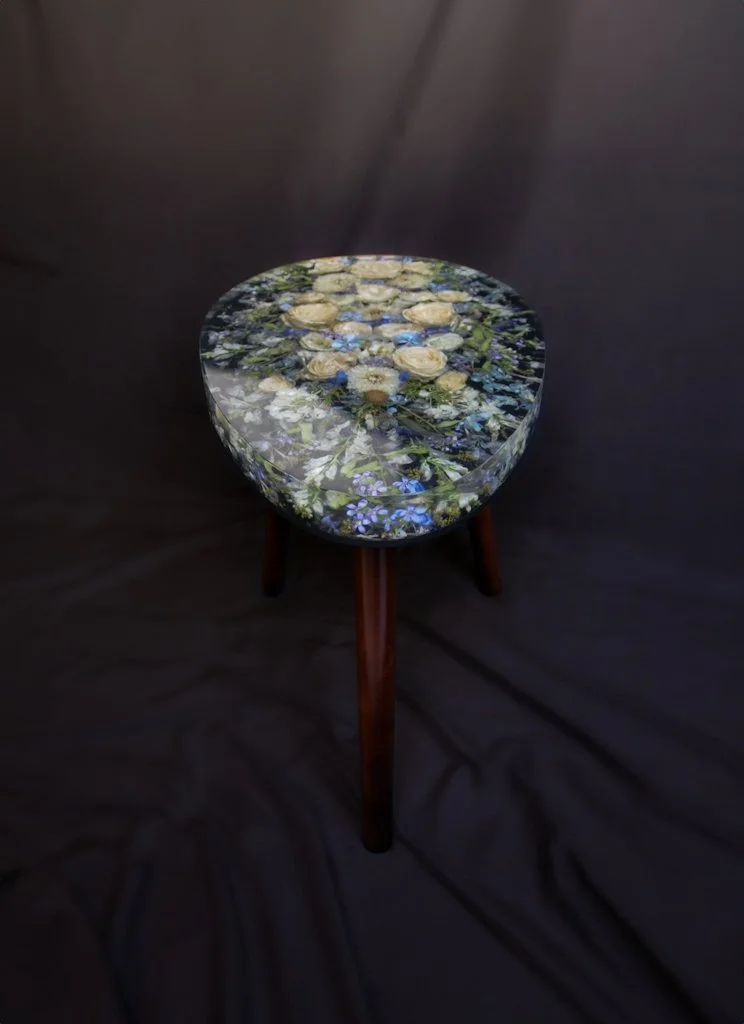 Lucy Did This | Bespoke Art, Hand Made by Lucy Sykes | Preserved wedding flower resin ovoid egg shape mid century style table