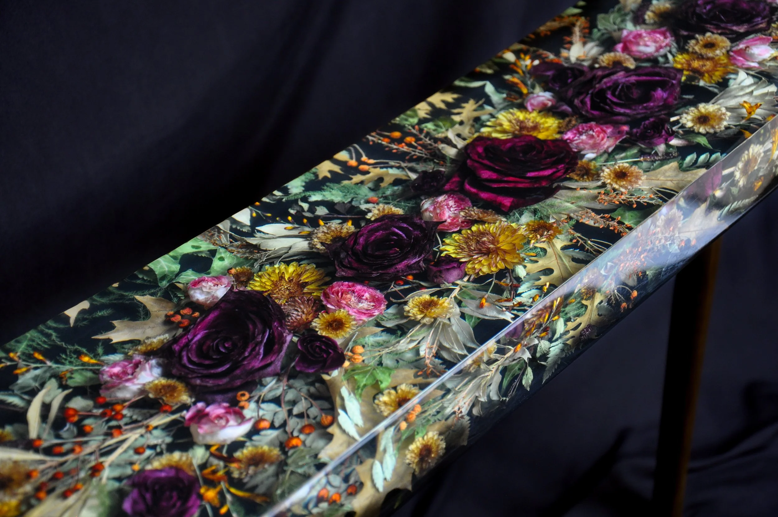 Lucy Did This | Bespoke Art, Hand Made by Lucy Sykes | Preserved wedding flower resin curved / tablet shape console table 90 x 20cm