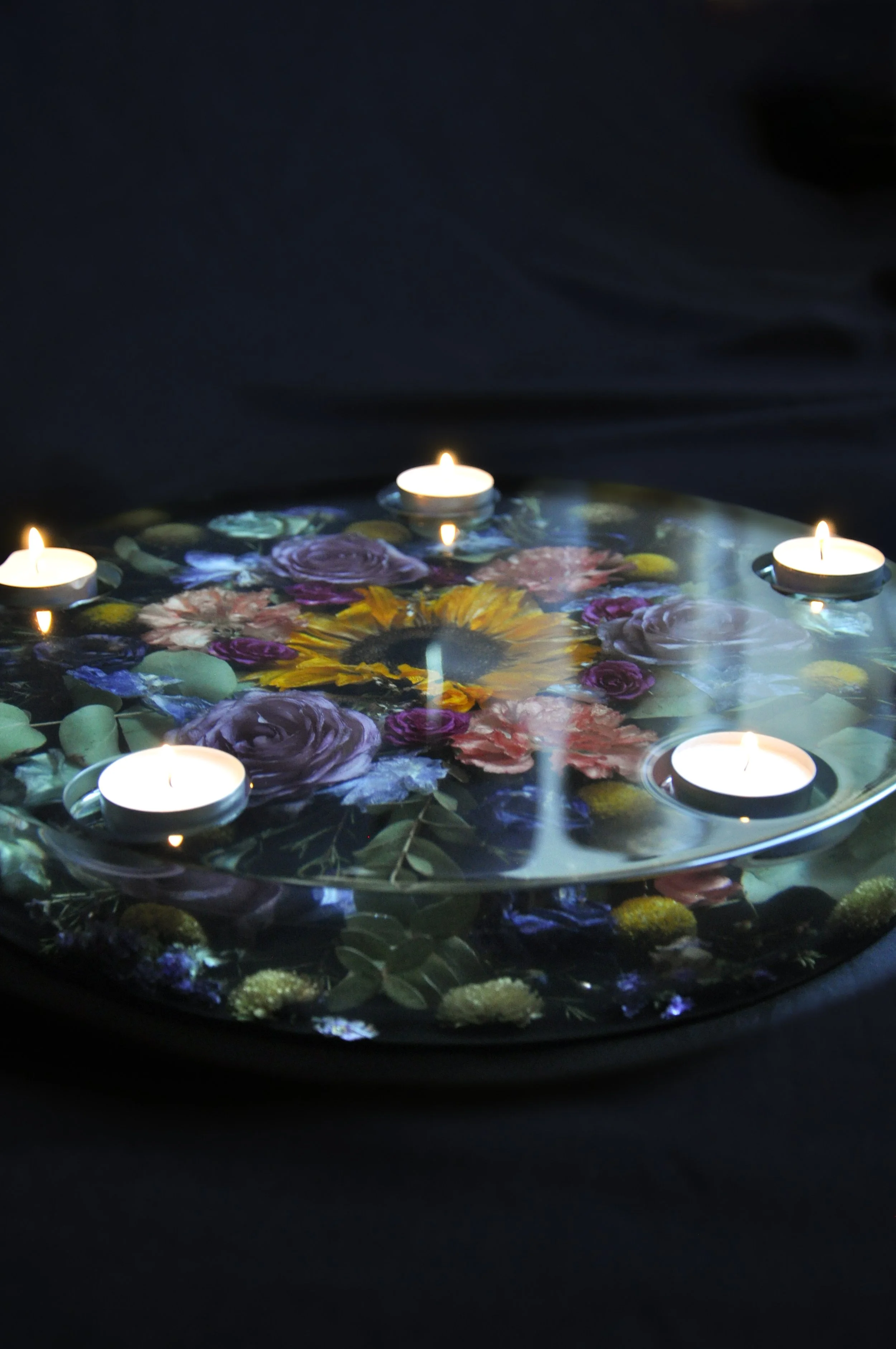 Lucy Did This | Bespoke Art, Hand Made by Lucy Sykes | Preserved wedding flower resin mutiple (five) tea light holder 35cm circle
