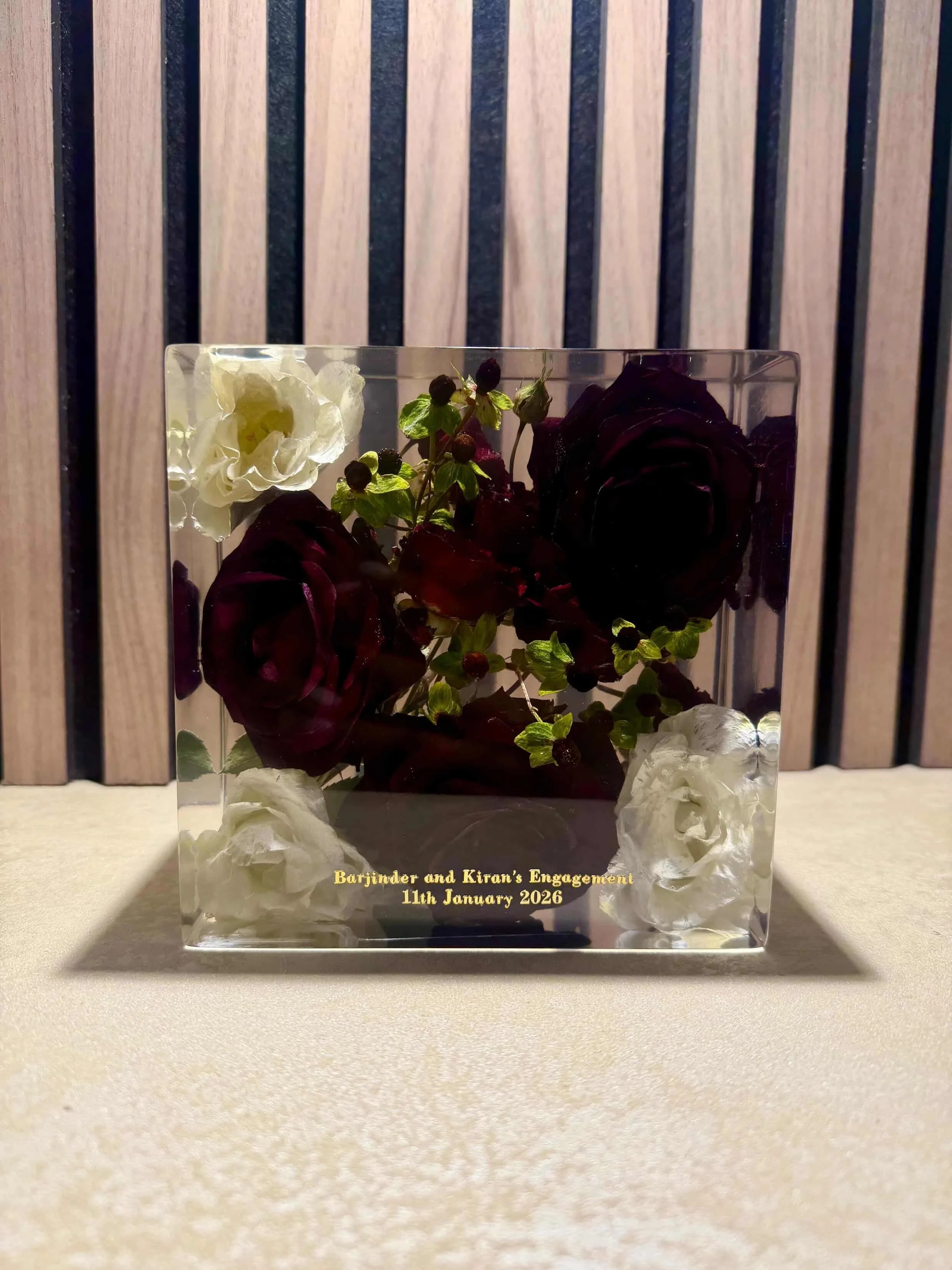 Lucy Did This | Preserved engagement flowers in resin with gold lettering