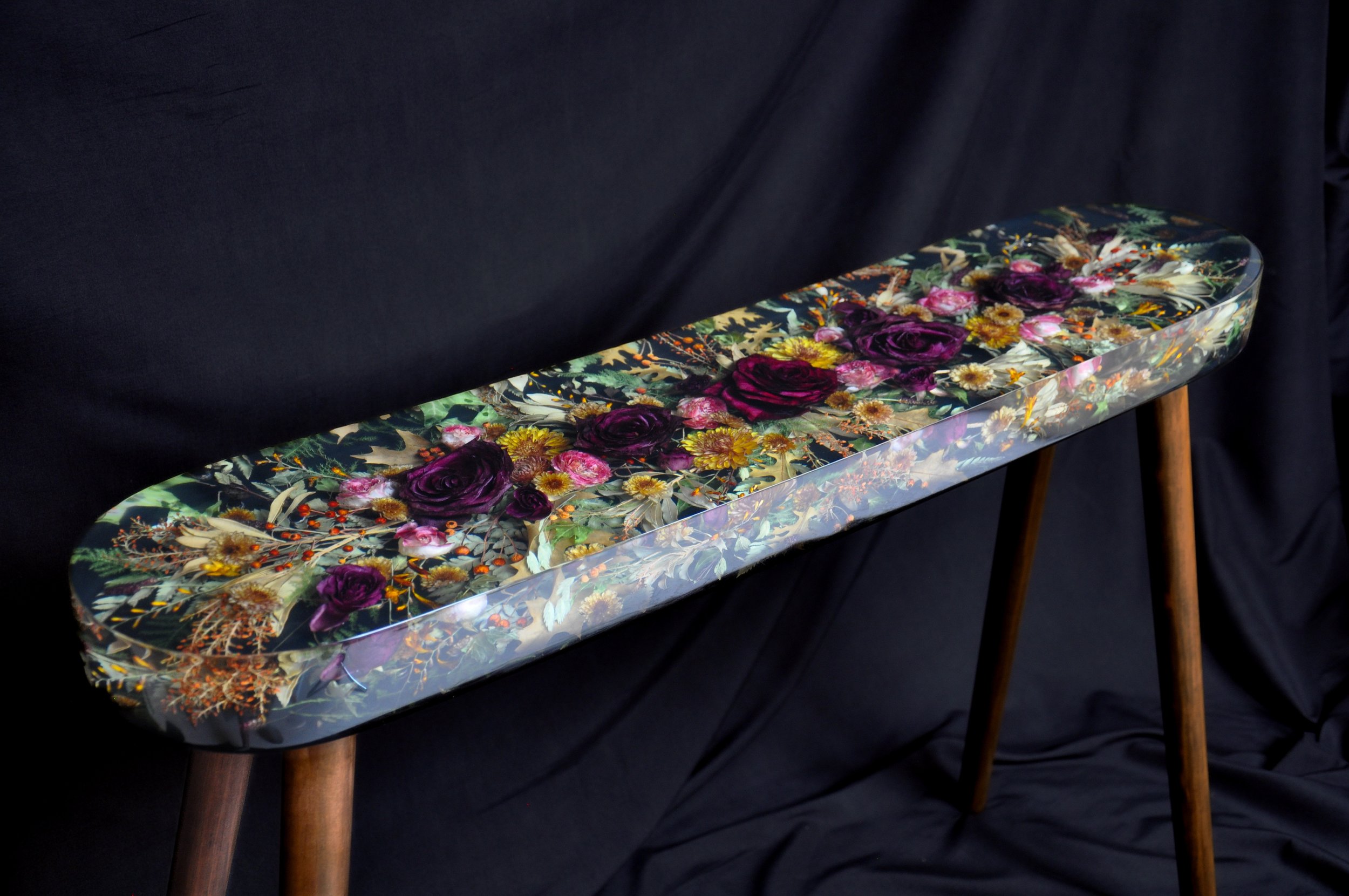 Lucy Did This | Bespoke Art, Hand Made by Lucy Sykes | Preserved wedding flower resin curved / tablet shape console table 90 x 20cm