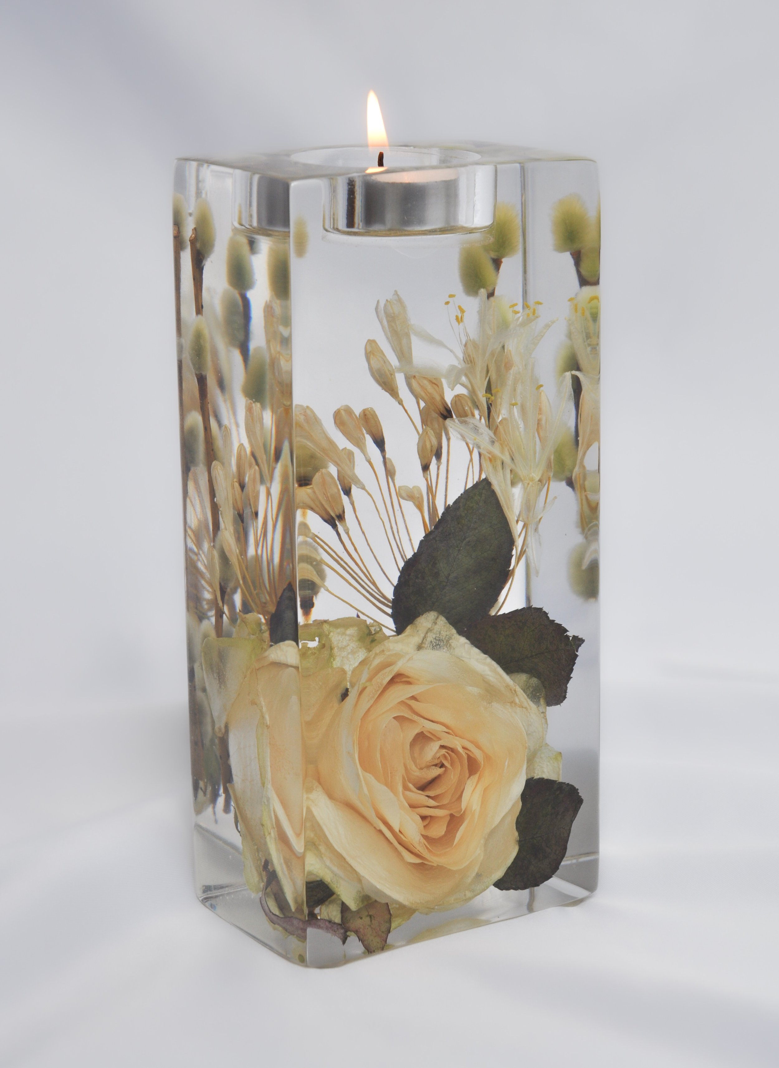 Lucy Did This | Bespoke Art, Hand Made by Lucy Sykes | Two large preserved wedding flower resin individual tea light holders (18cm tall)