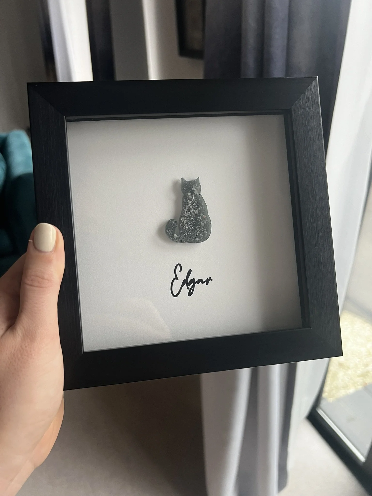 Lucy Did This | Bespoke Art, Hand Made by Lucy Sykes | Ashes preservation resin British Blue cat with name 3D box frame