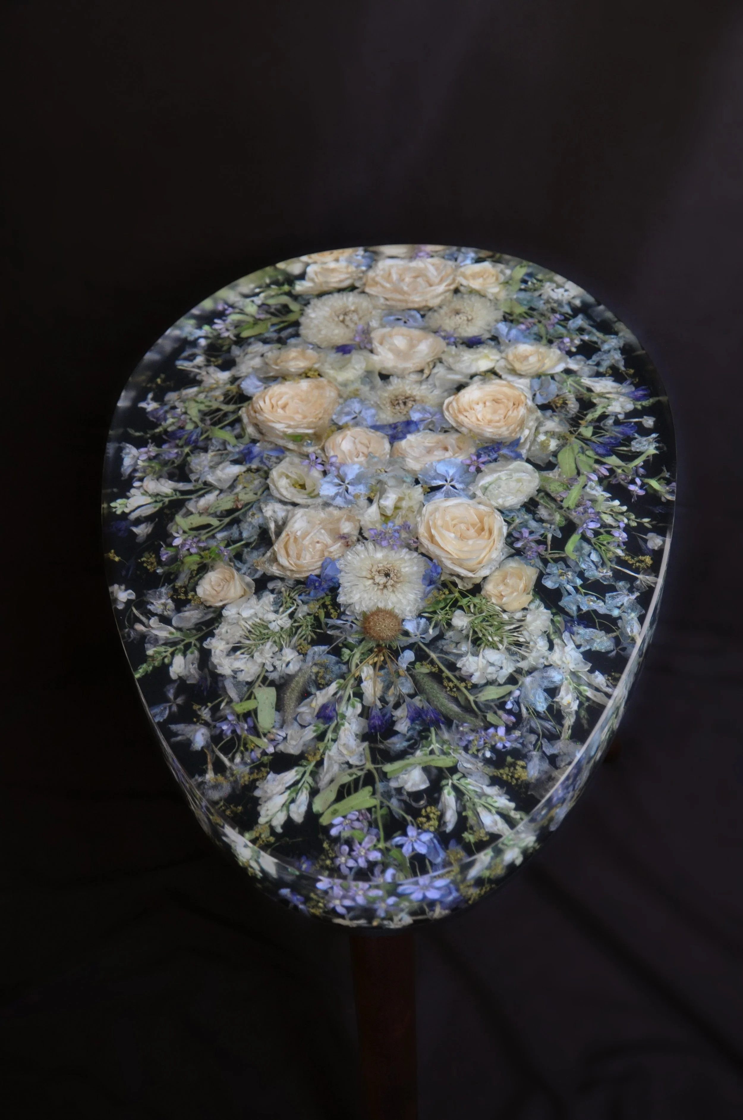 Lucy Did This | Bespoke Art, Hand Made by Lucy Sykes | Preserved wedding flower resin ovoid egg shape mid century style table
