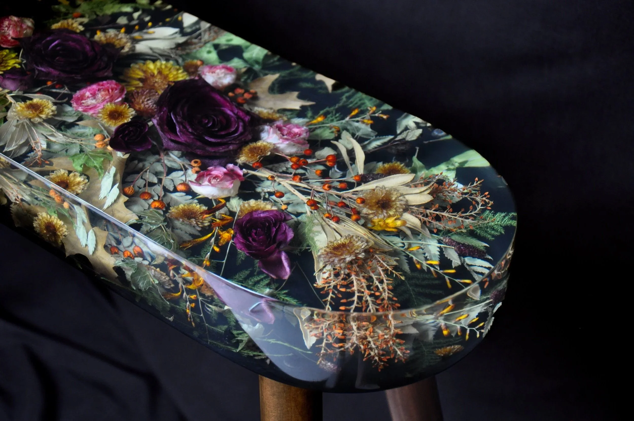 Lucy Did This | Bespoke Art, Hand Made by Lucy Sykes | Preserved wedding flower resin curved / tablet shape console table 90 x 20cm