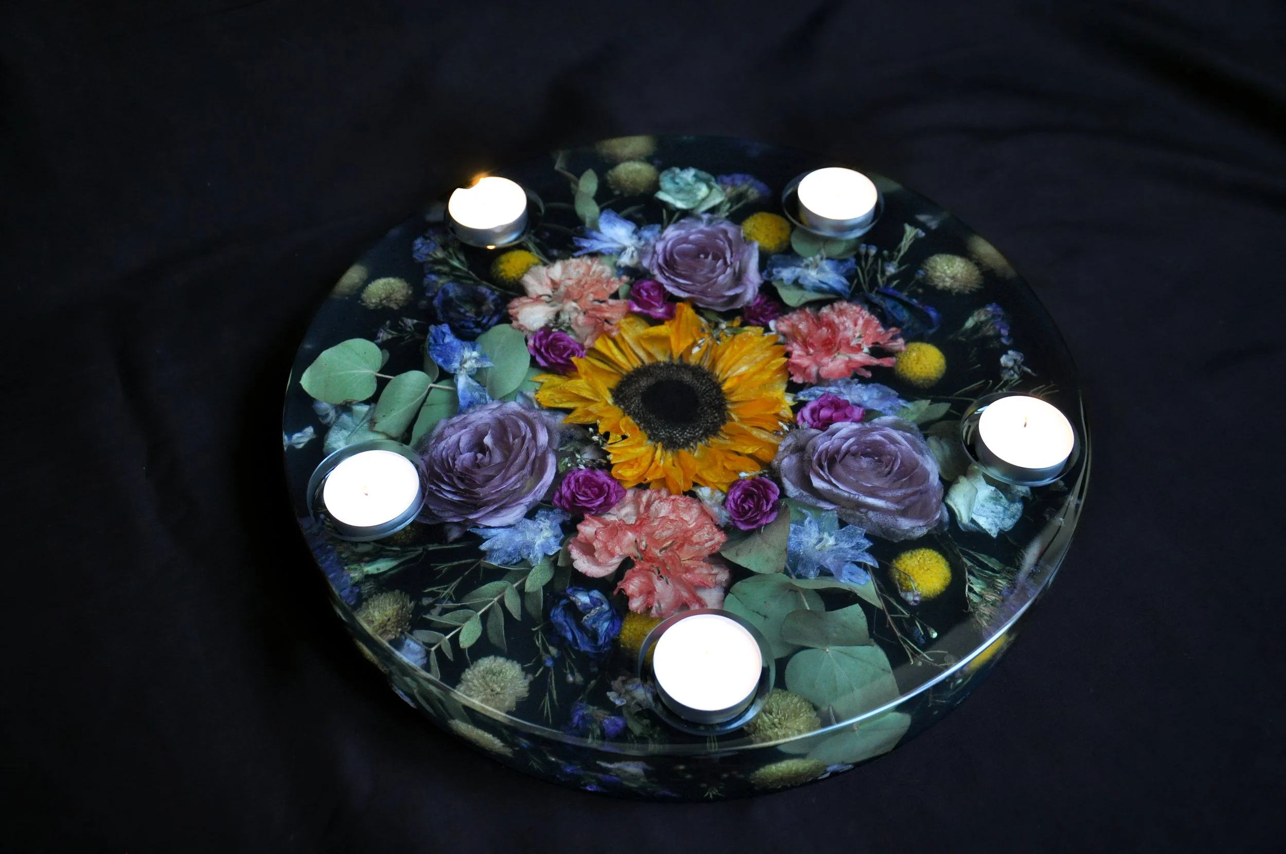 Lucy Did This | Bespoke Art, Hand Made by Lucy Sykes | Preserved wedding flower resin mutiple (five) tea light holder 35cm circle