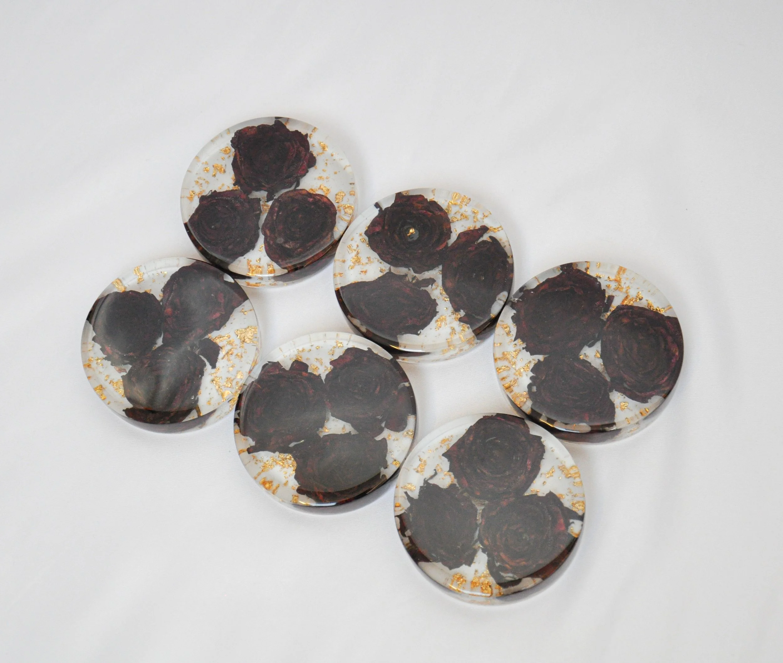 Lucy Did This | Preserved wedding flower coasters - red roses and gold flakes on white background