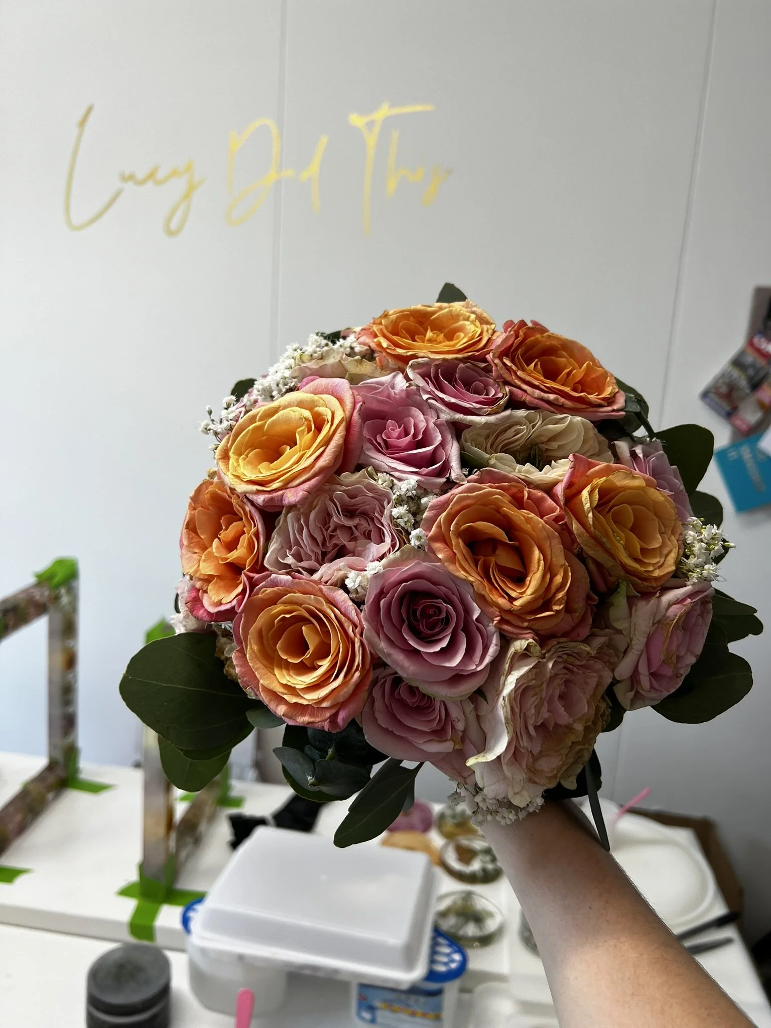 Lucy Did This | Bespoke Art, Hand Made by Lucy Sykes | Bright, fresh large bouquet with colourful roses, slightly browning received by Lucy ready for preservation