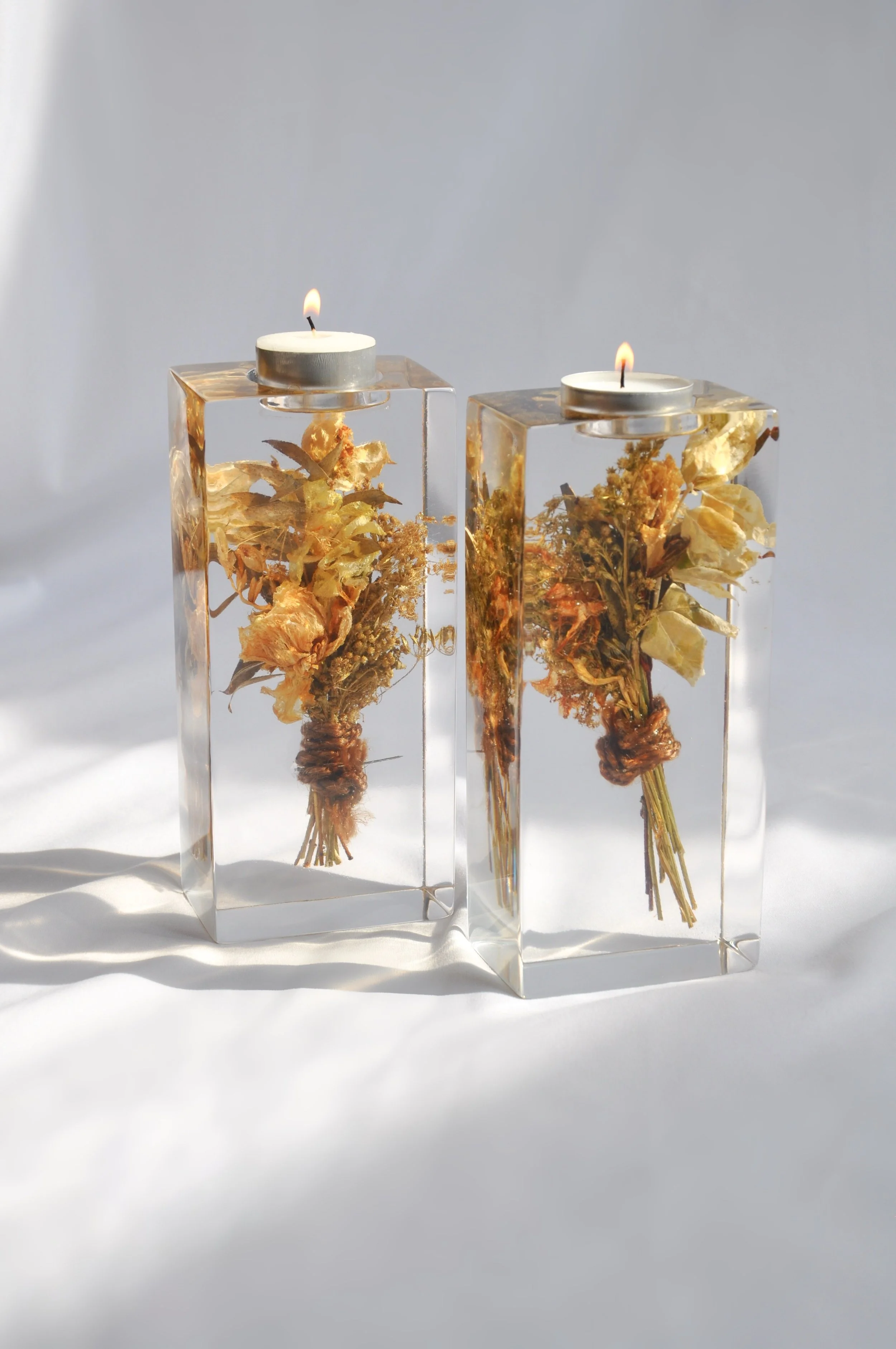 Lucy Did This | Bespoke Art, Hand Made by Lucy Sykes | Two large preserved wedding flower resin individual tea light holders (18cm tall)