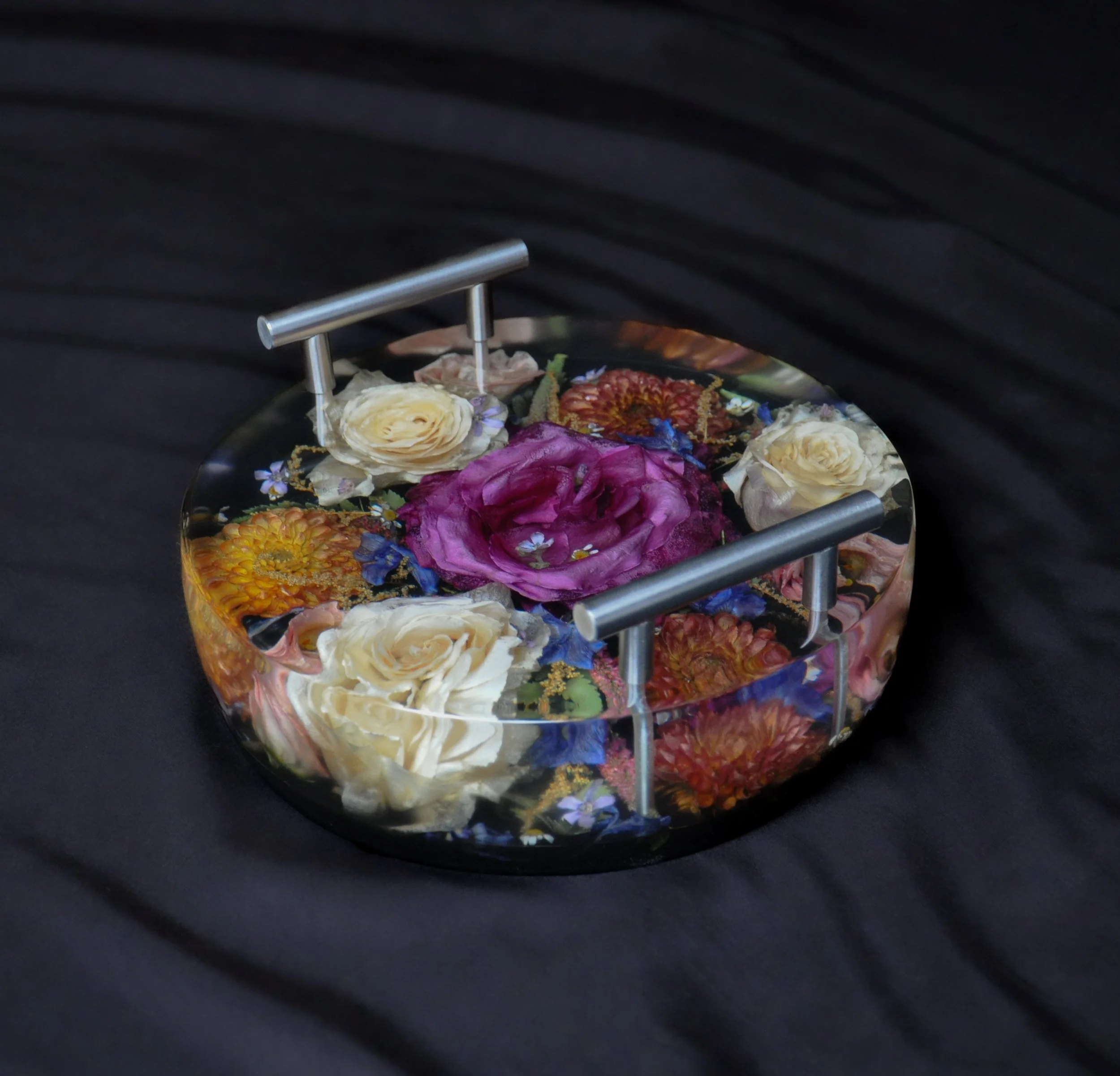 Lucy Did This | Bespoke Art, Hand Made by Lucy Sykes | Preserved dried wedding flower resin small circle tray with chrome handles - 20cm wide