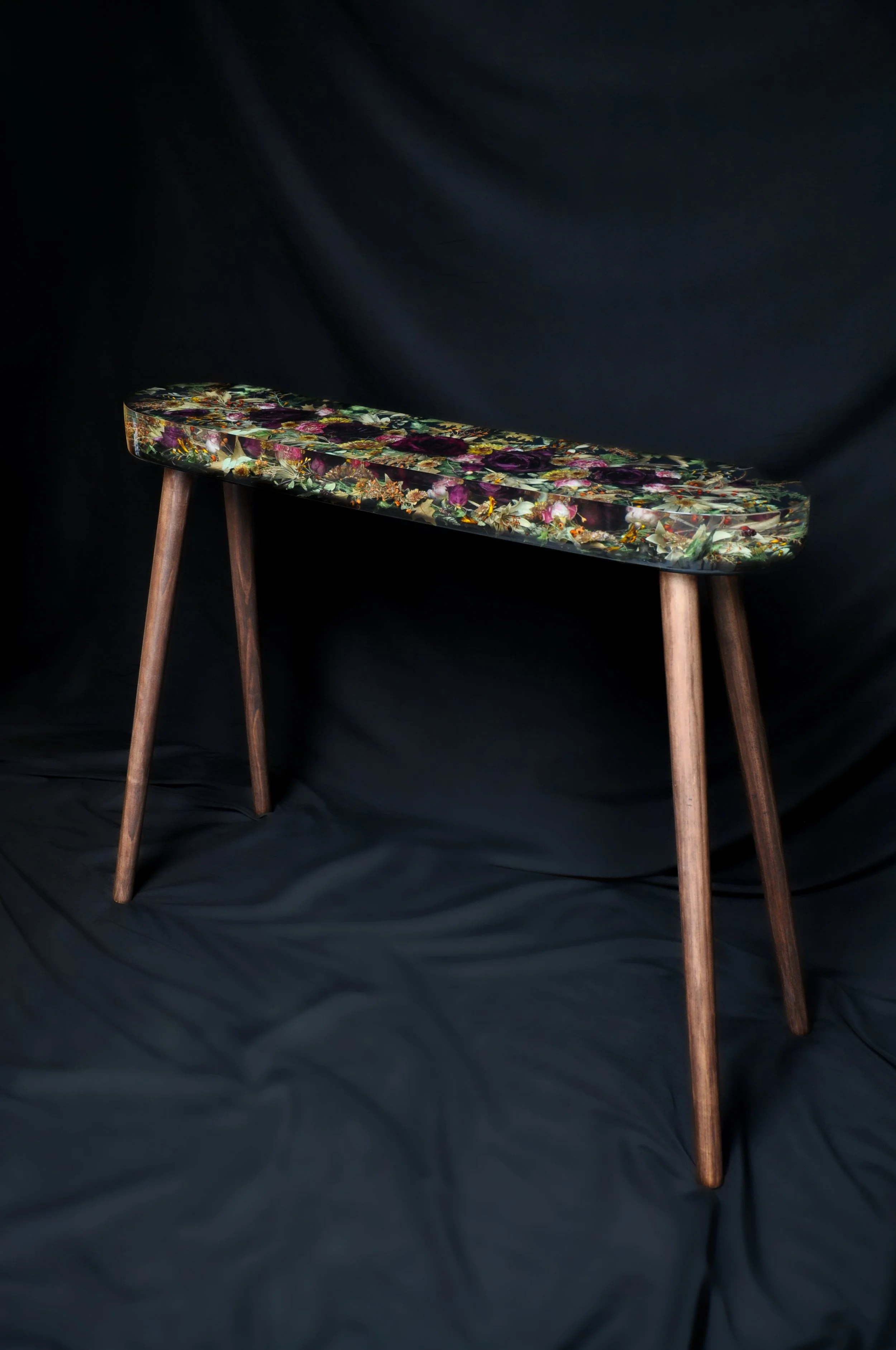 Lucy Did This | Bespoke Art, Hand Made by Lucy Sykes | Preserved wedding flower resin curved / tablet shape console table 90 x 20cm