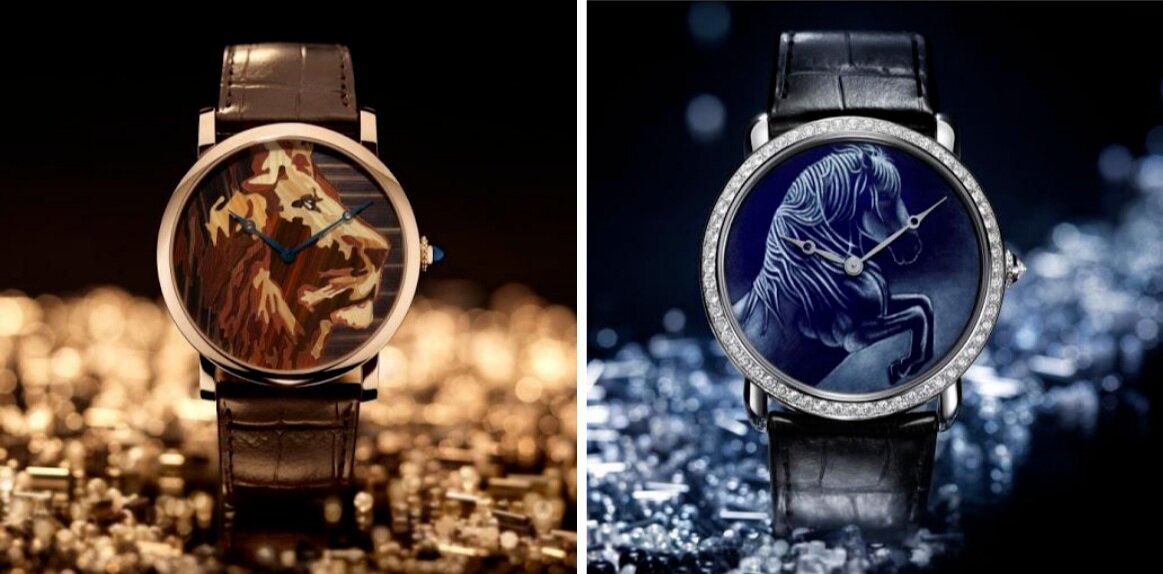 Left: Rotonde de Cartier with lion motif in straw marquetry, Right: Ronde Louis Cartier XL with horse motif in grisaille enamel