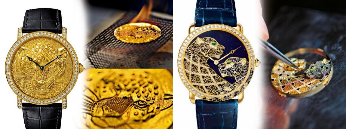 Left: Gold granulation in Rotonde de Cartier, Right: Filigree with gem-setting in Ronde Louis Cartier
