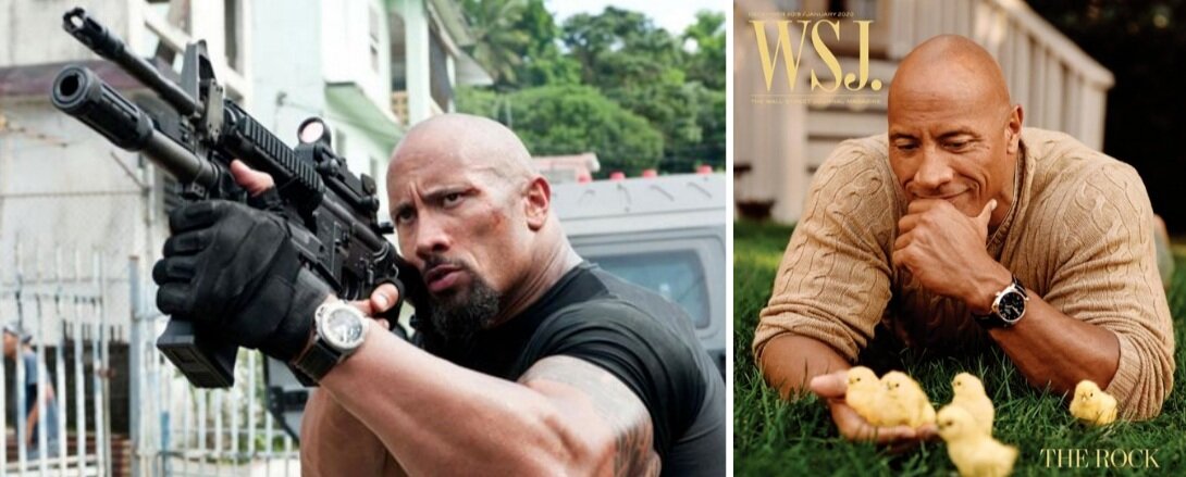 Left: Panerai Luminor Submersible in Fast Five, Right: Panerai Radiomir 1940 GMT on Wall Street Journal cover