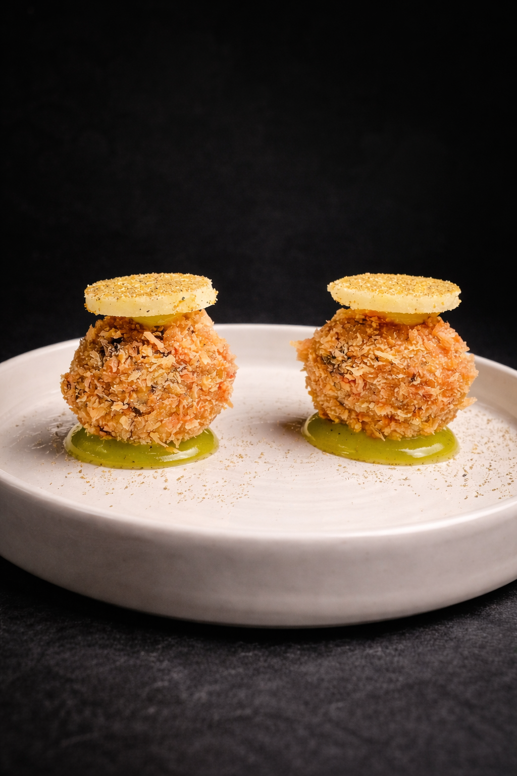 Black pudding croquette, green apple, Szechuan pepper.PNG