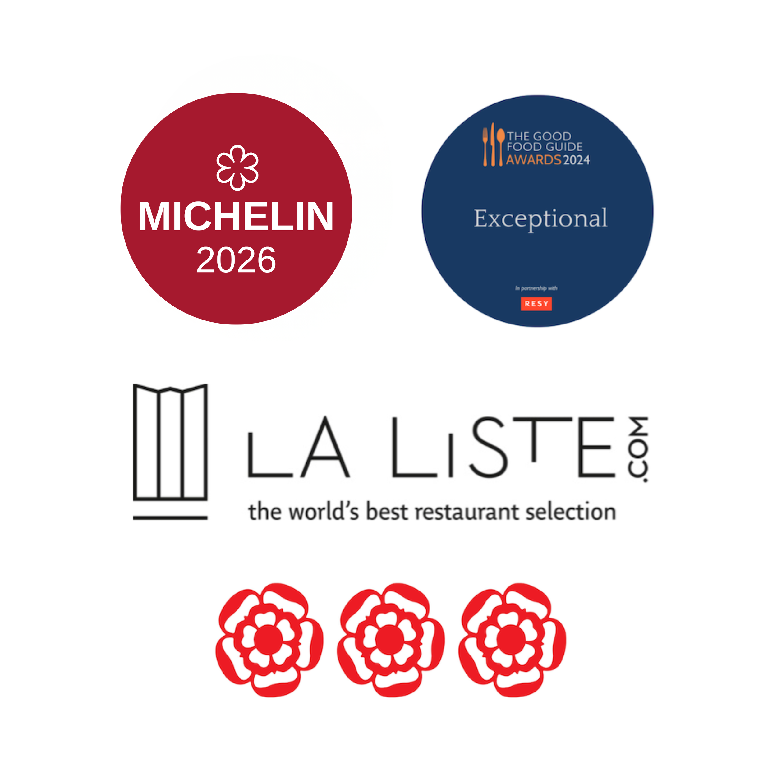 An image showing the restaurant's Awards - Michelin 2026, Exceptional in The Good Food Guide, La Liste, 3 AA Rosettes