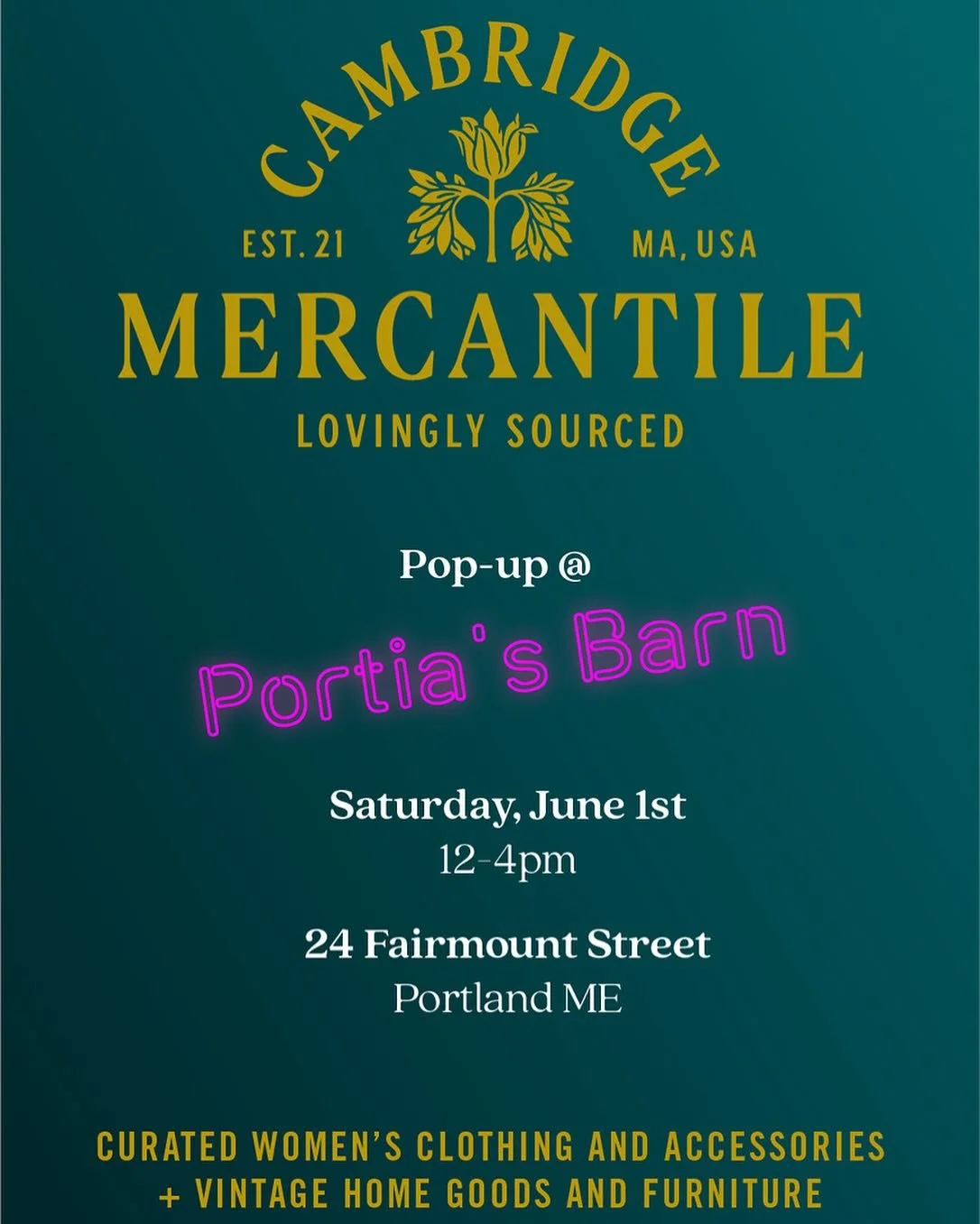 Save the date, mark your calendar &amp; bring friends on Saturday 6/1 from 12-4 for a pop-up @portiasbarn in Portland with @cambridge_mercantile ! 
Just in time for summer there will be treasures for yourself to wear and for your home.
We can&rsquo;t