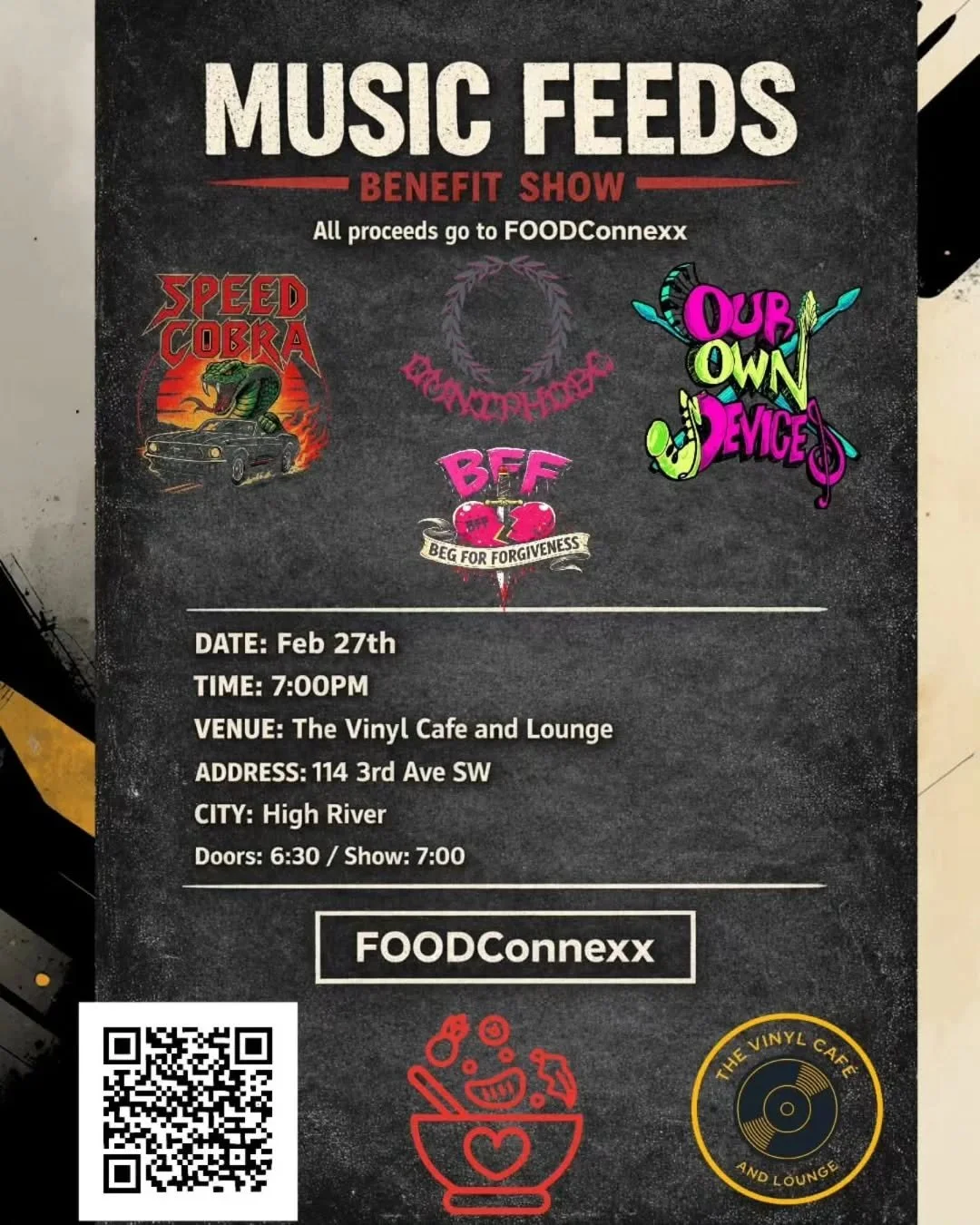 🎶 TONIGHT &ndash; Punk Rock / Hardcore Fundraiser Show! 🎶
High River &ndash; this is your reminder! The all-ages benefit show kicks off at 7:00 PM, and 100% of proceeds go directly to support the FoodConnexx program.

We&rsquo;ll be at The Vinyl Ca