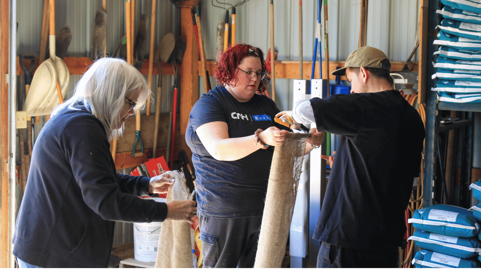 Preparing the burlap sacks