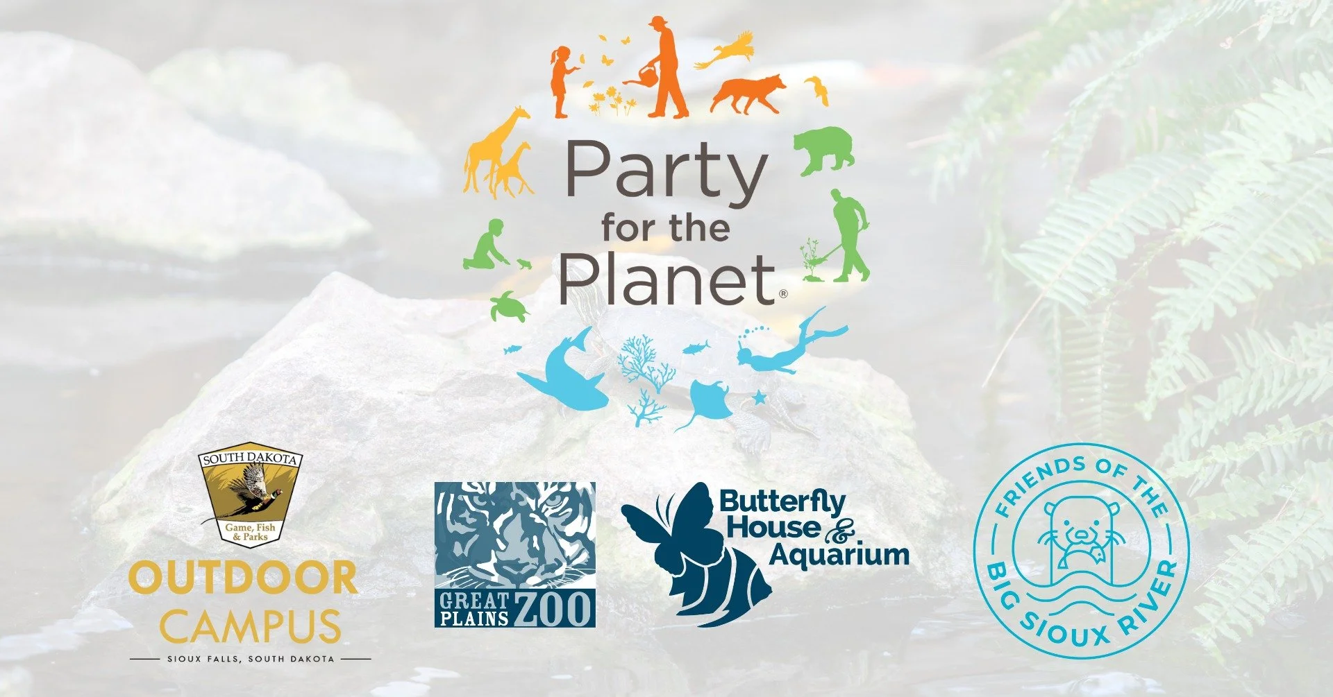 A promotional graphic for the 'Party for the Planet' event featuring logos of South Dakota Game, Fish & Parks, Great Plains Zoo, Butterfly House & Aquarium, and Big Sioux River Friends, with a background of rocks and foliage.