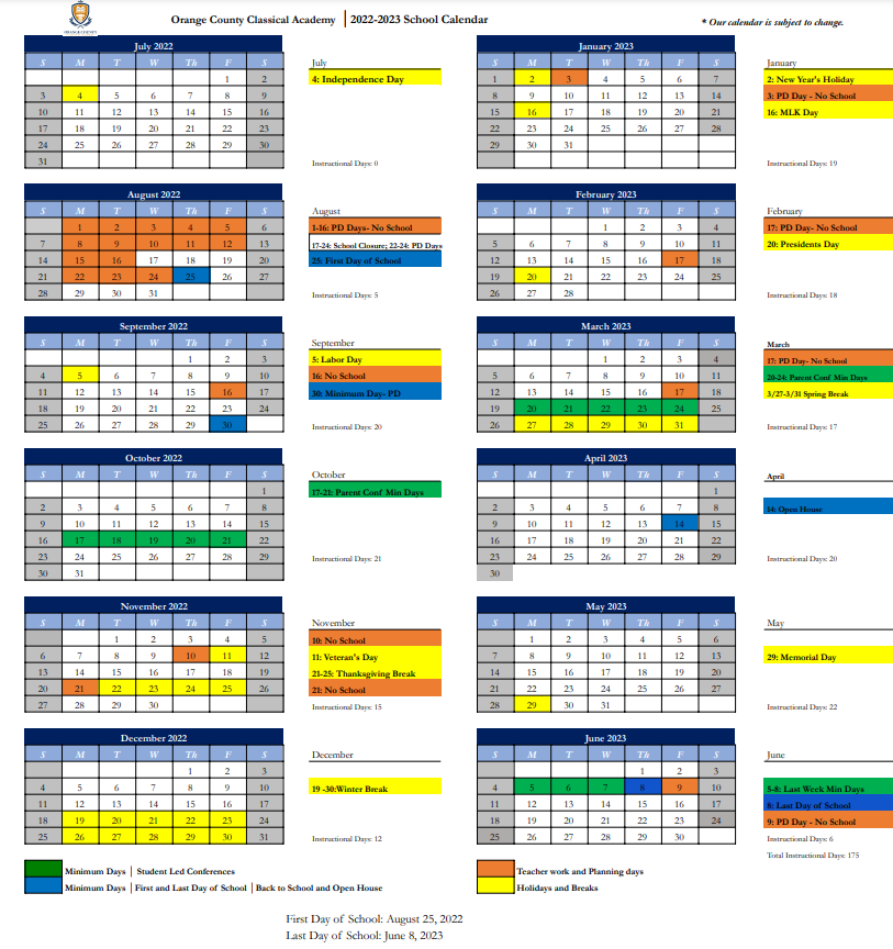 2022-2023 School Calendar — Orange County Classical Academy A Hillsdale College Member School 2022-2023 School Calendar — Orange County Classical Academy A Hillsdale College Member School