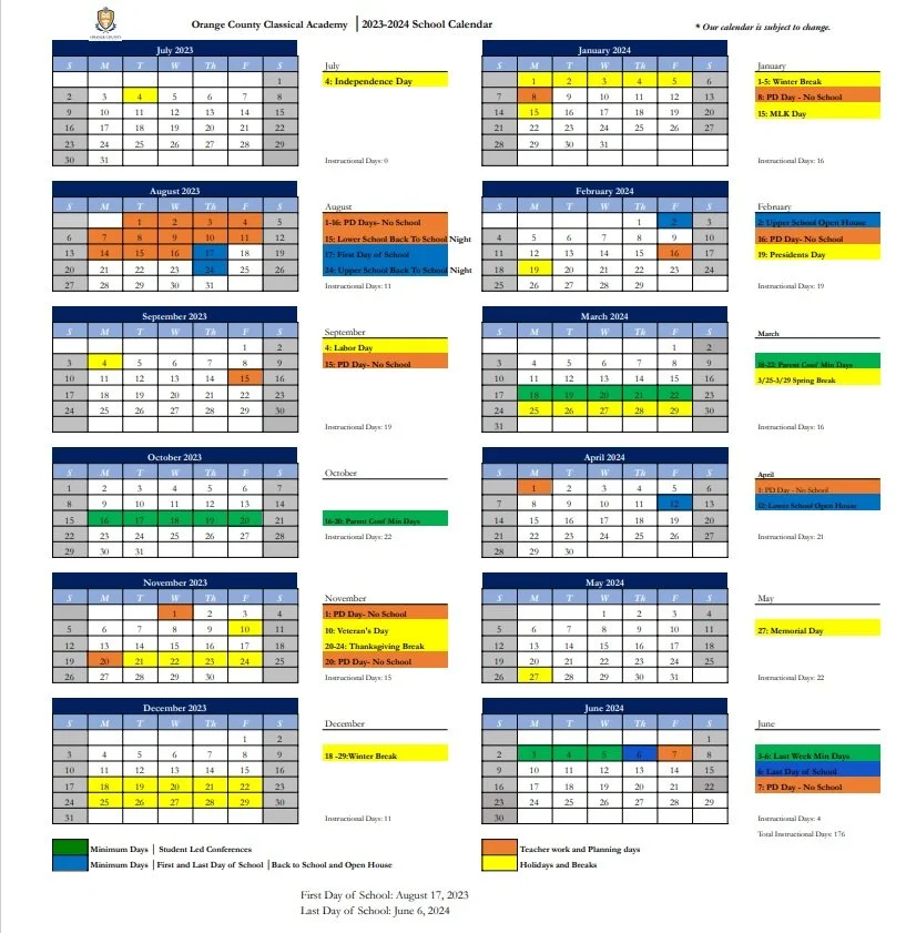 NEW 2023-2024 School Calendar — Orange County Classical Academy A Hillsdale  College Member School