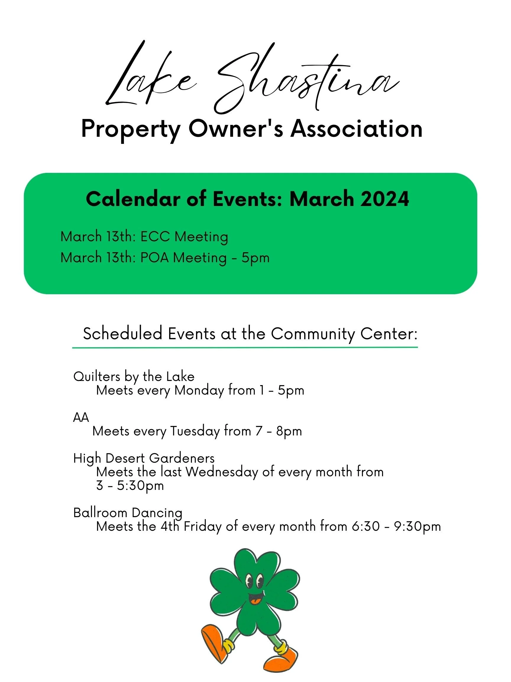 Calendar of Events — Lake Shastina Property Owners Association