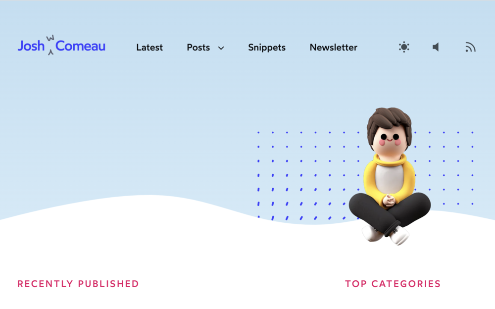 Joshua Comeau’s blogs site design is adorable, with tons of artful CSS touches, like the blue grid of dots that react to your mouse position.
