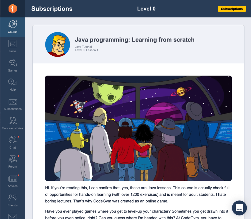 CodeGym lessons feel like a story-based sci-fi fantasy adventure game.