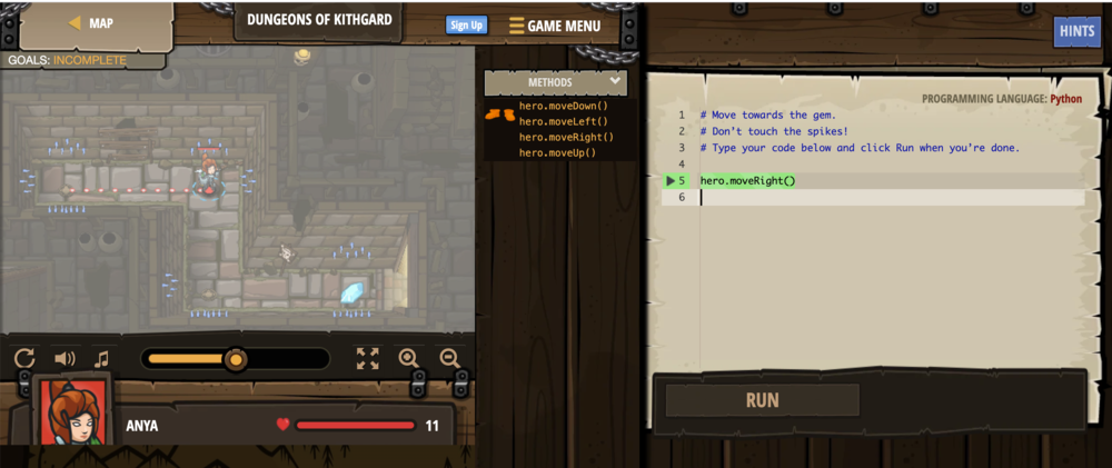 In CodeCombat, you guide your hero through perils by writing code that controls your hero. In the first lesson, you guide a hero with simple methods such as hero.moveRight() and hero.moveDown().